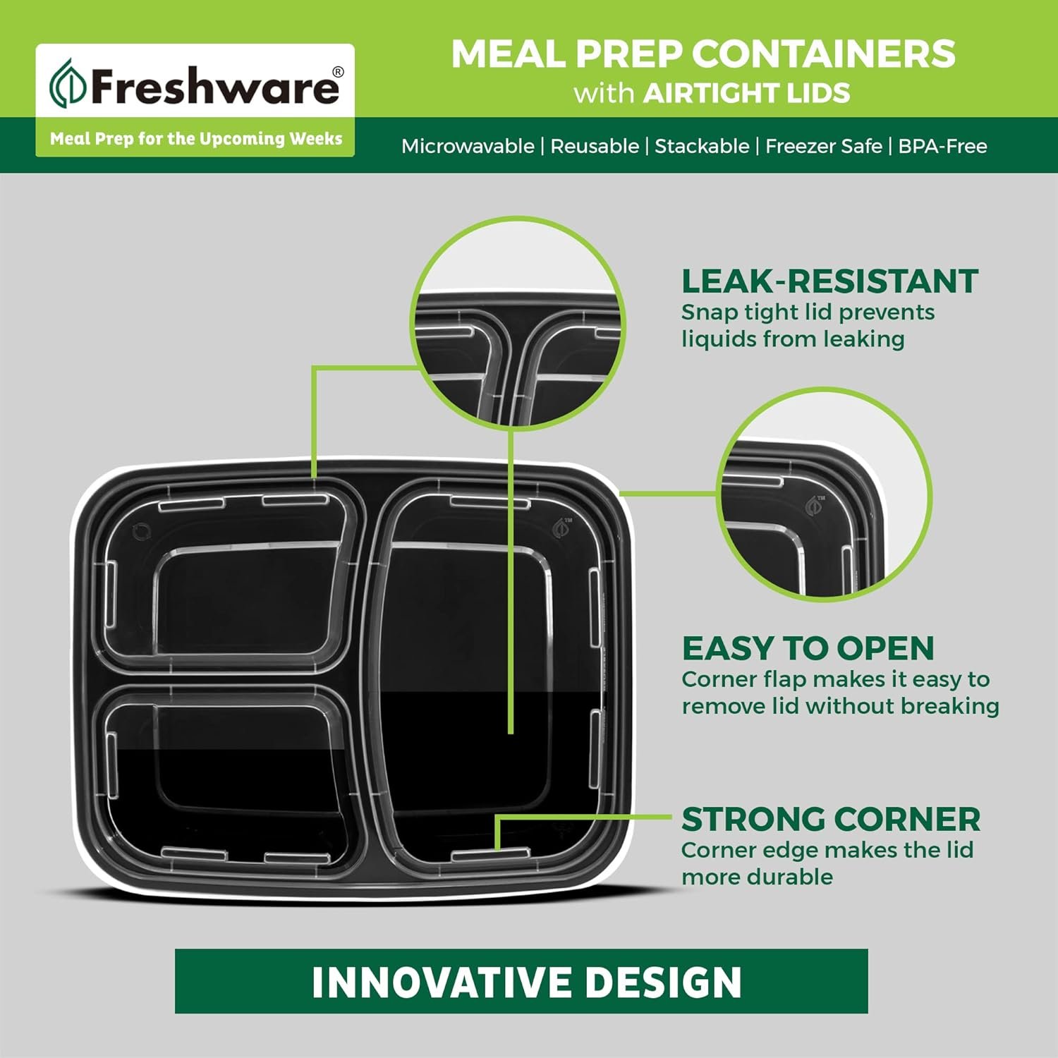 Logo Personalizzato Contenitori Meal Prep [50 pz] 3 Scomparti con Coperchi Marchio Bianco Bento Box Senza BPA Impilabili Microonde/Lavastoviglie/Congelatore del Produttore (24 oz)
