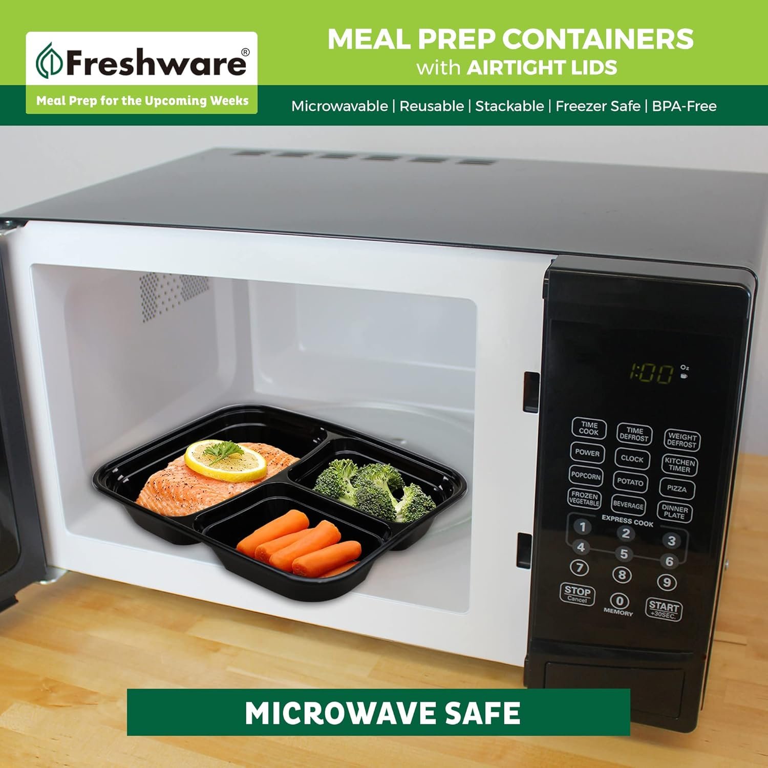 Logo Personalizzato Contenitori Meal Prep [50 pz] 3 Scomparti con Coperchi Marchio Bianco Bento Box Senza BPA Impilabili Microonde/Lavastoviglie/Congelatore del Produttore (24 oz)