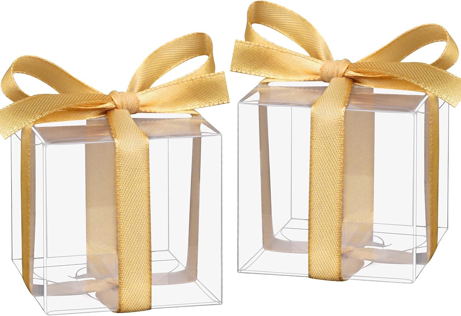 Logo Personalizzato 50 Pz Scatole Trasparenti 2x2x2 Pollici Plastica con Nastro Oro Marchio Bianco per Bomboniere Matrimonio Festa Baby Shower Natale Fornitore