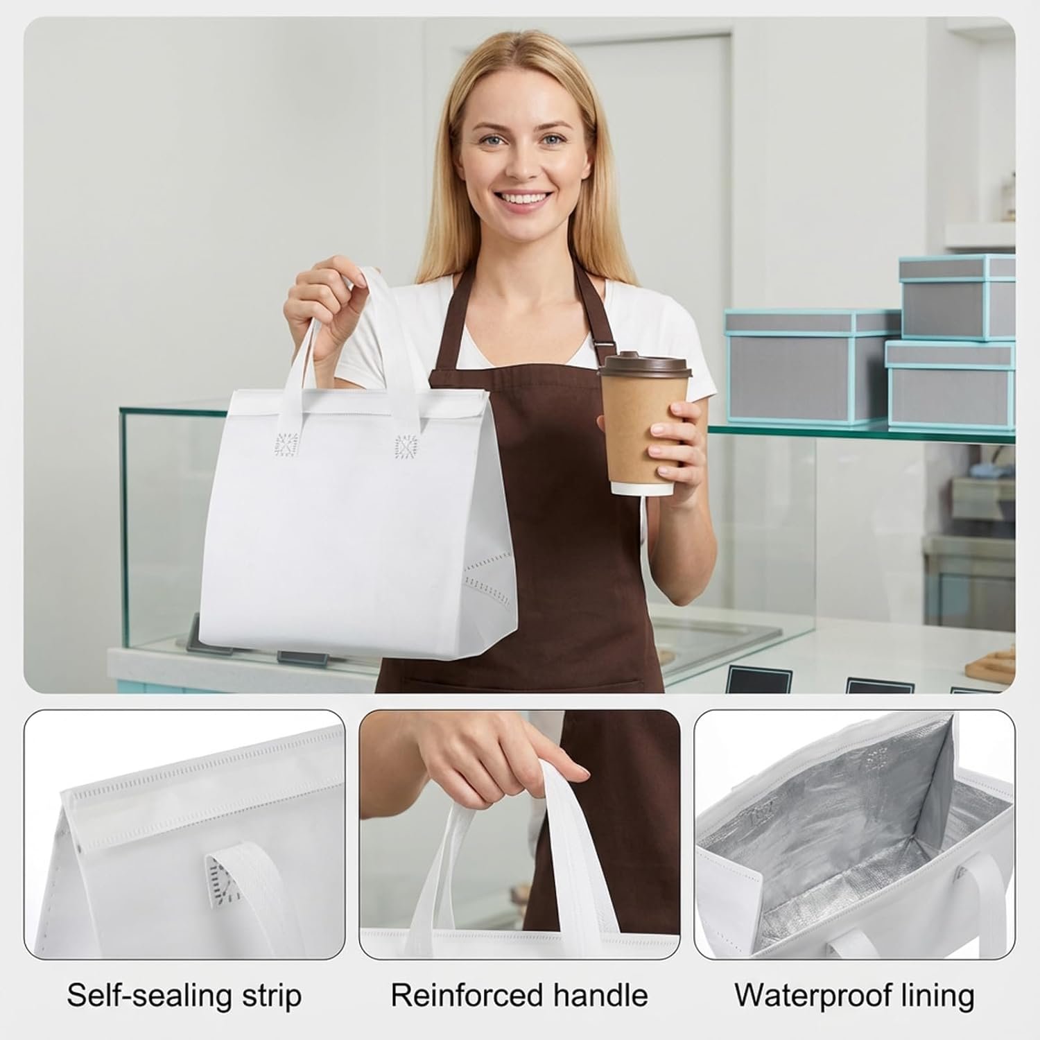 Logo Personalizzato 50 Pz Borse Termiche Isolate Asporto Bulk Bianche Delivery Cibo Caldo Freddo, Marchio Bianco per Caffè Latte Catering Ristoranti Picnic, Produttore 24 x 24 x 15 cm