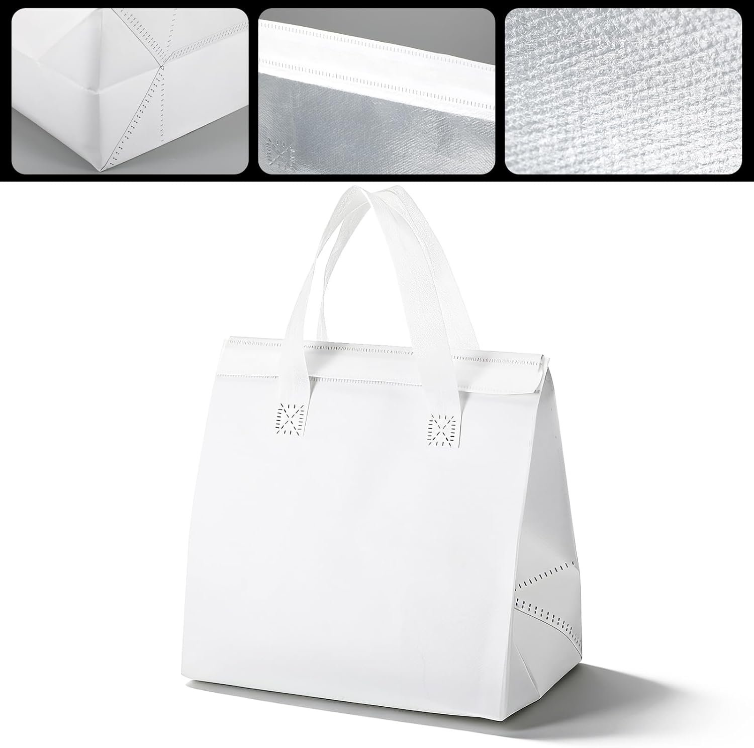 Logo Personalizzato 50 Pz Borse Termiche Isolate Asporto Bulk Bianche Delivery Cibo Caldo Freddo, Marchio Bianco per Caffè Latte Catering Ristoranti Picnic, Produttore 24 x 24 x 15 cm