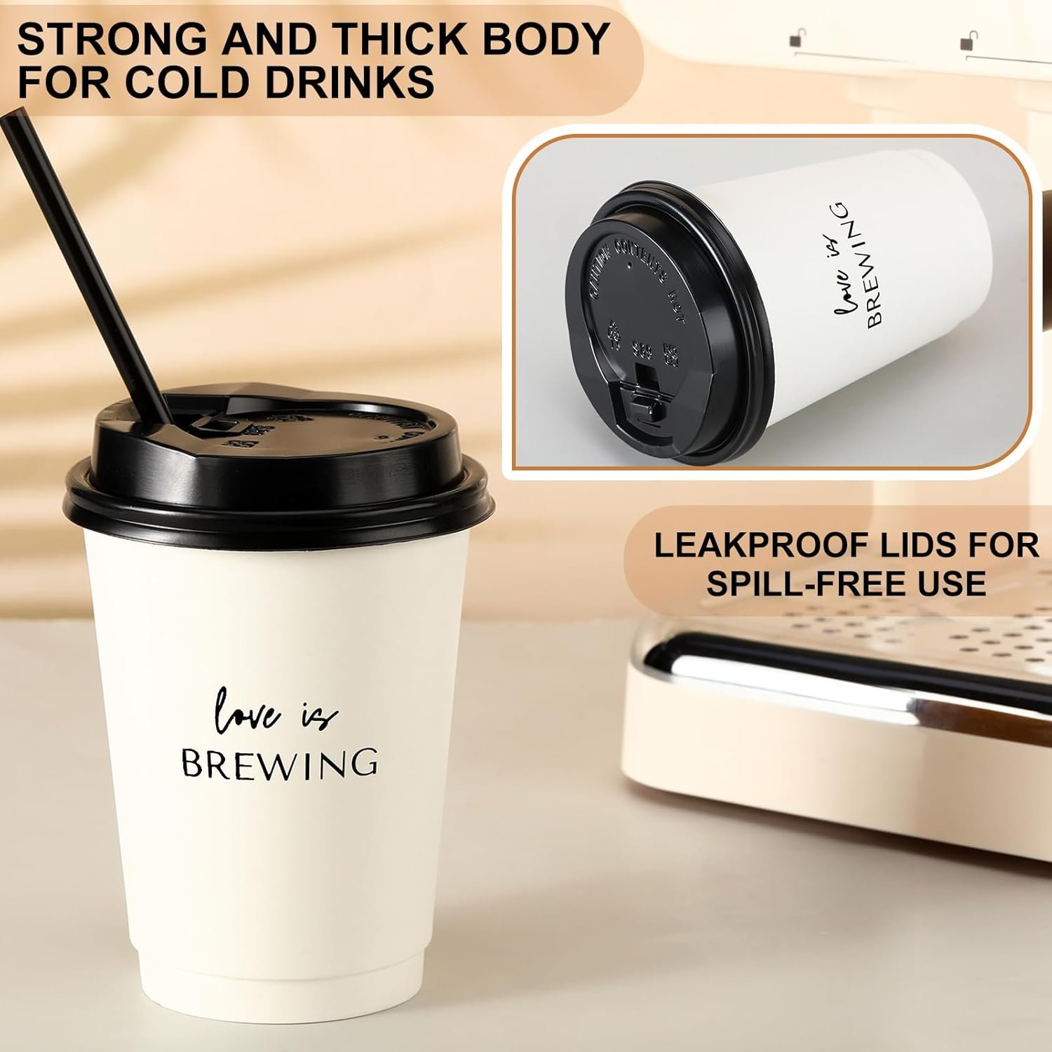 Produttore 50 Pezzi Tazze da Caffè Matrimonio Usa e Getta con Coperchio e Cannuccia Logo Personalizzato Tema Love Is Brewing per Bridal Shower Ricevimento Addio al Nubilato Marchio Bianco