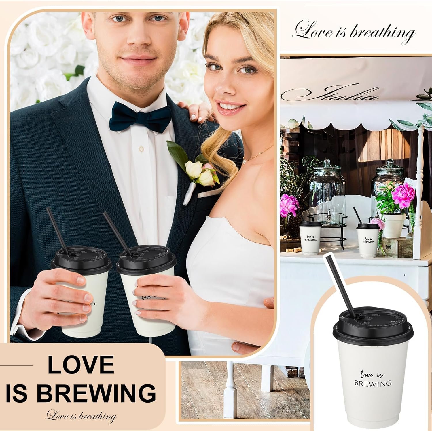 Produttore 50 Pezzi Tazze da Caffè Matrimonio Usa e Getta con Coperchio e Cannuccia Logo Personalizzato Tema Love Is Brewing per Bridal Shower Ricevimento Addio al Nubilato Marchio Bianco