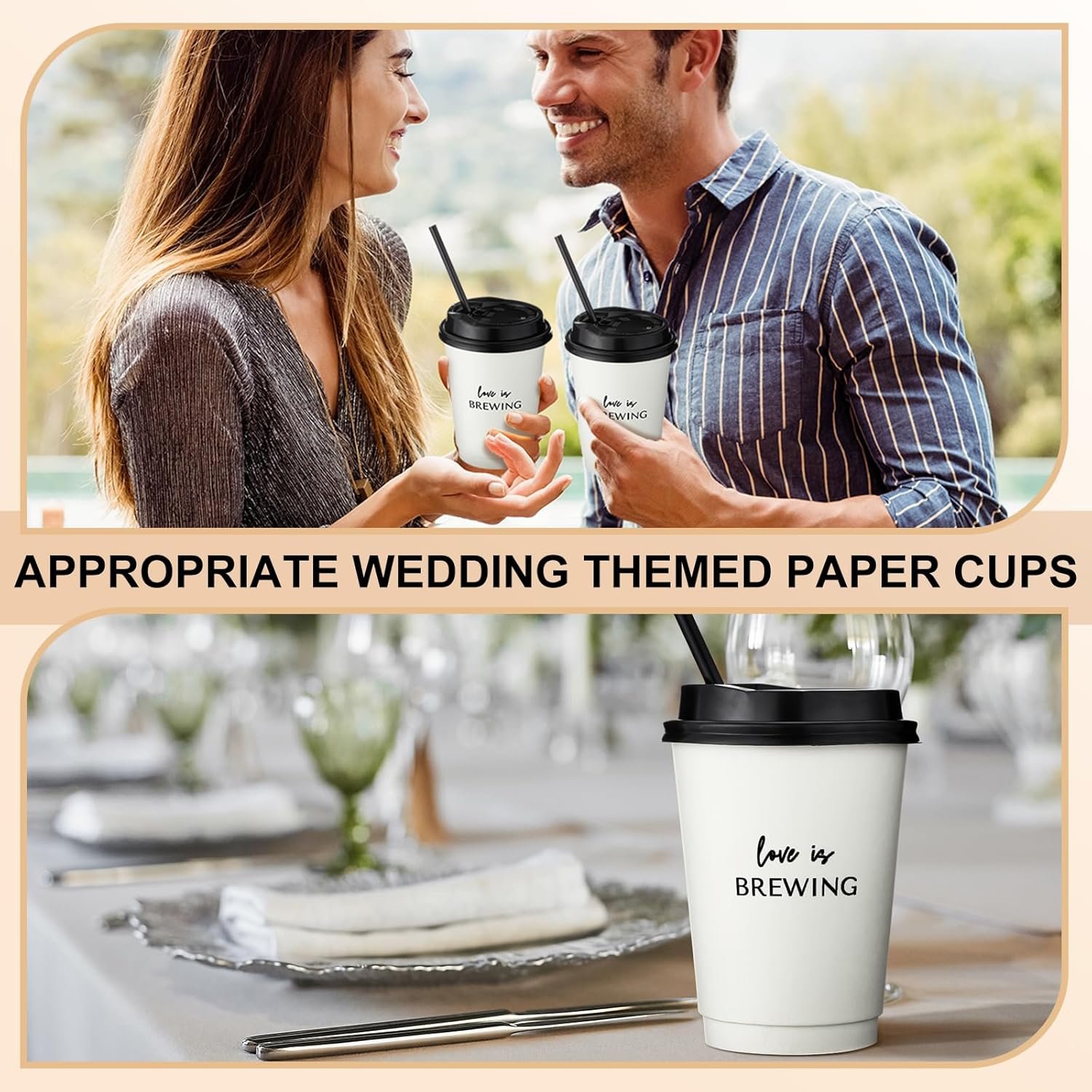 Produttore 50 Pezzi Tazze da Caffè Matrimonio Usa e Getta con Coperchio e Cannuccia Logo Personalizzato Tema Love Is Brewing per Bridal Shower Ricevimento Addio al Nubilato Marchio Bianco