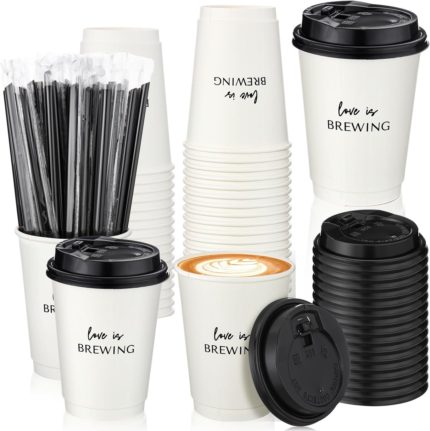 Produttore 50 Pezzi Tazze da Caffè Matrimonio Usa e Getta con Coperchio e Cannuccia Logo Personalizzato Tema Love Is Brewing per Bridal Shower Ricevimento Addio al Nubilato Marchio Bianco