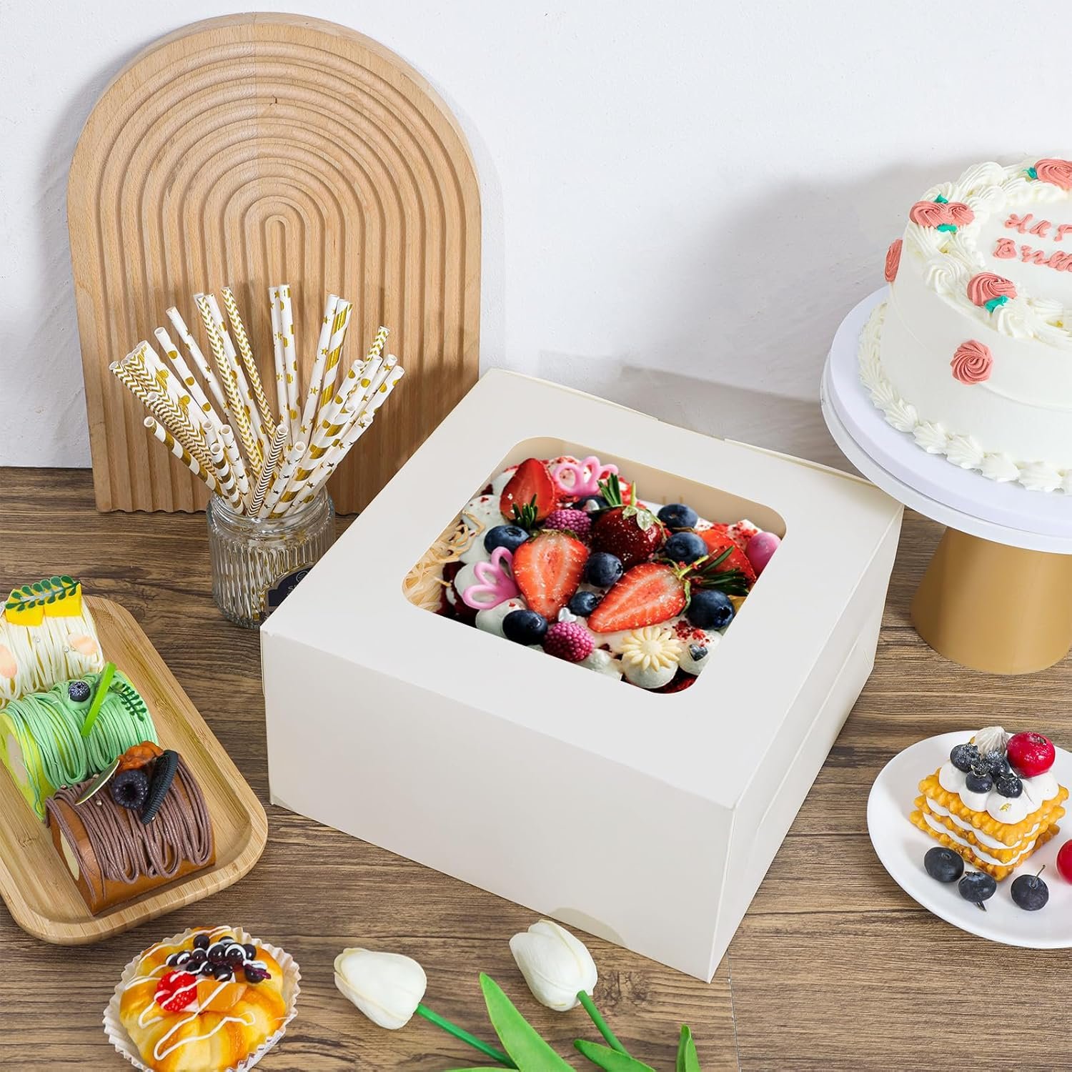 Logo Personalizzato Scatole per Torte Bianche Quadrate con Finestra 10x10x5 Pollici 24 Pezzi dal Produttore per Pasticceria Cioccolatini Biscotti Festa della Mamma Compleanni Matrimoni Marchio Bianco