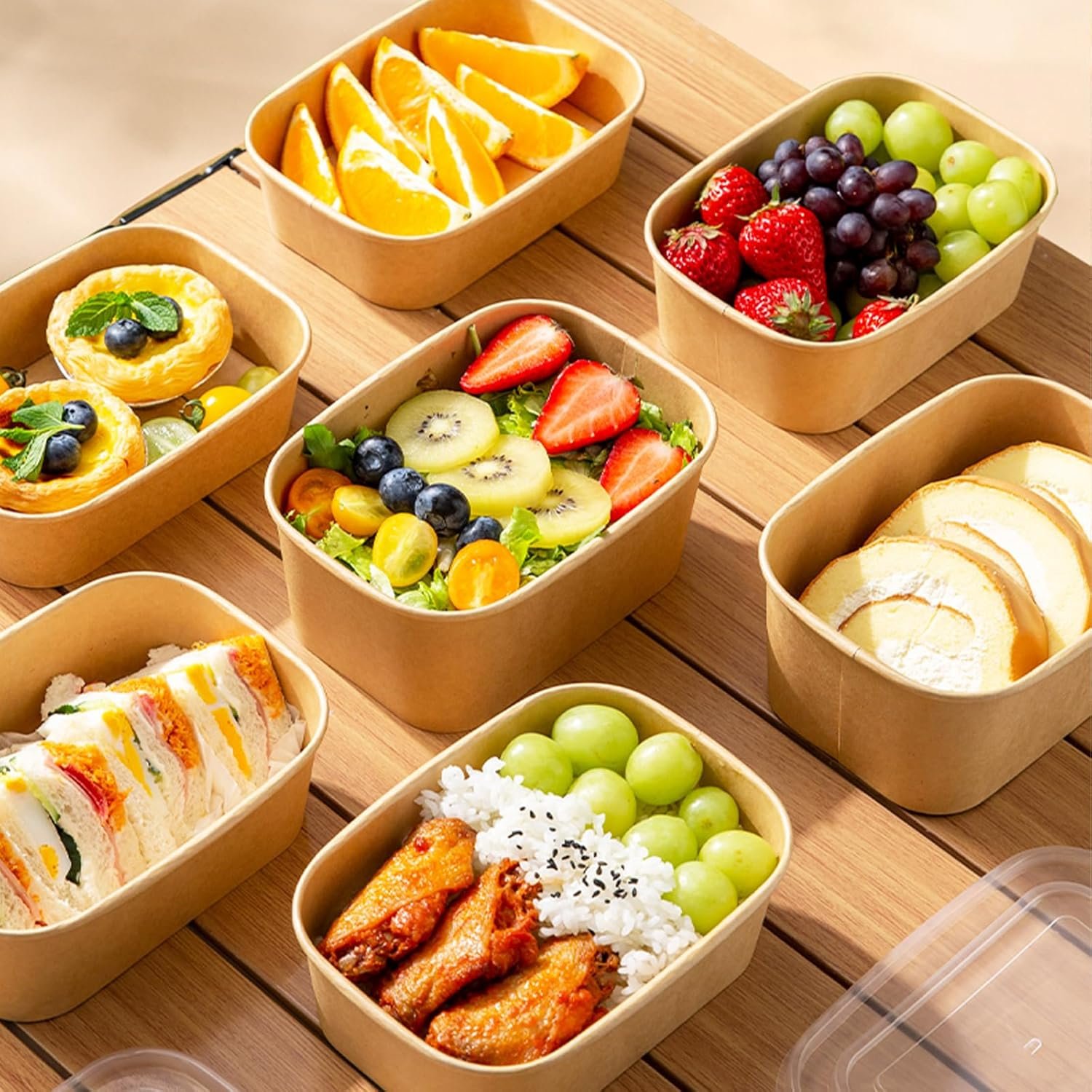 Logo Personalizzato Ciotole Monouso Carta Kraft 29oz Confezione da 50 con Coperchi e Forchette dalla Fabbrica Contenitori Pasti Pronti Da Asporto Resistenti Microonde Marchio Bianco