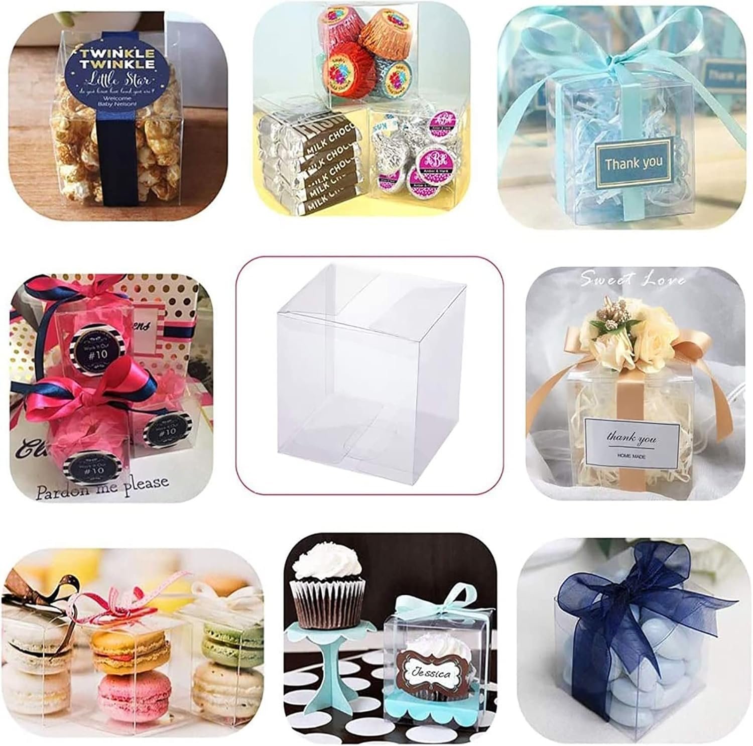 Logo Personalizzato 15 Pezzi Scatole Regalo Trasparenti Rettangolari PVC 3.9x3.9x5.5'' per Matrimoni Feste Dolci Caramelle Cupcakes Festa della Mamma con Marchio Bianco dalla Fabbrica