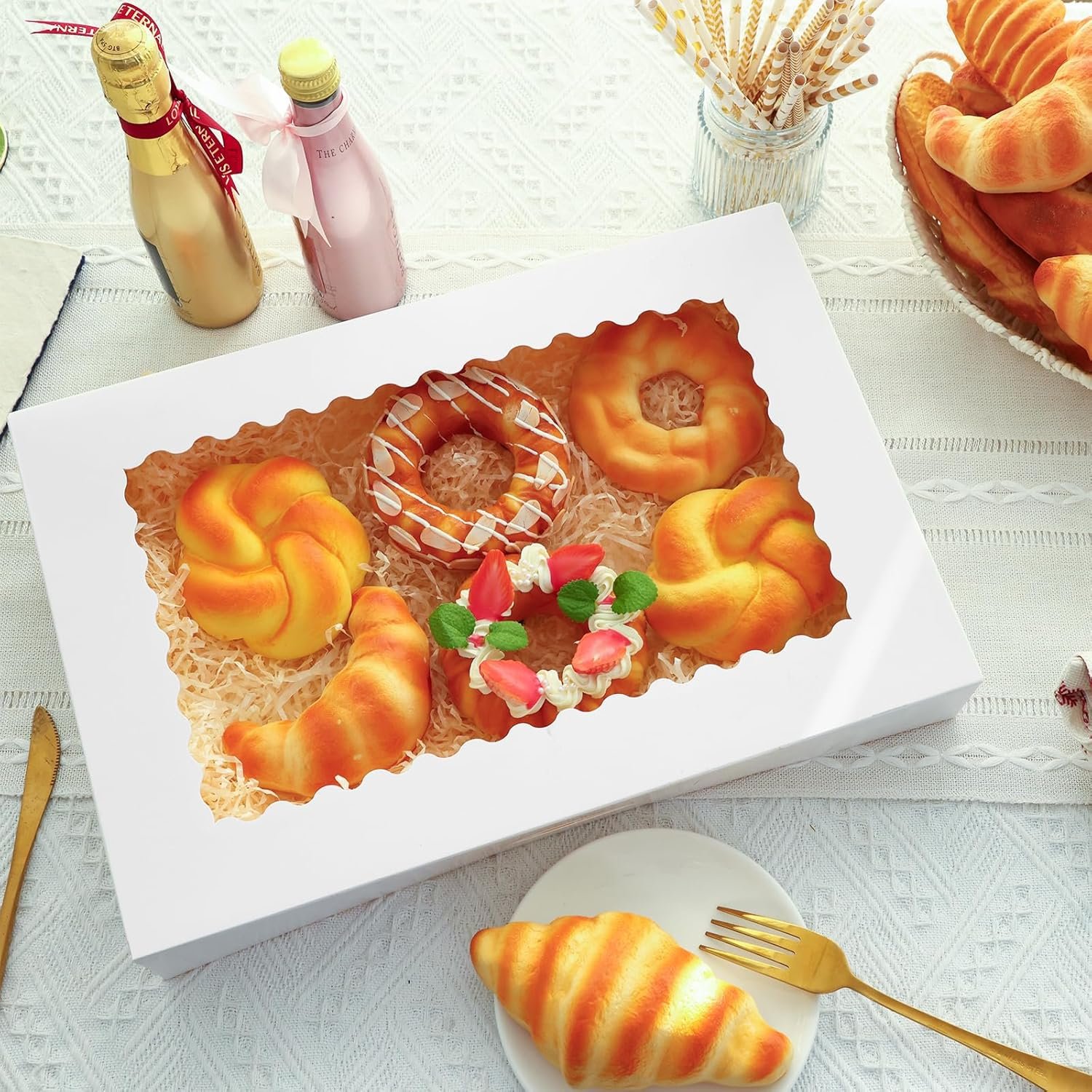 Scatole da Pasticceria con Logo Personalizzato 40 pz Grandi 16x11x2.5 Pollici Pop-Up Automatiche con Finestra Produttore per Ciambelle Dolcetti Pasticcini Torte Muffin Fragole al Cioccolato Marchio Bianco