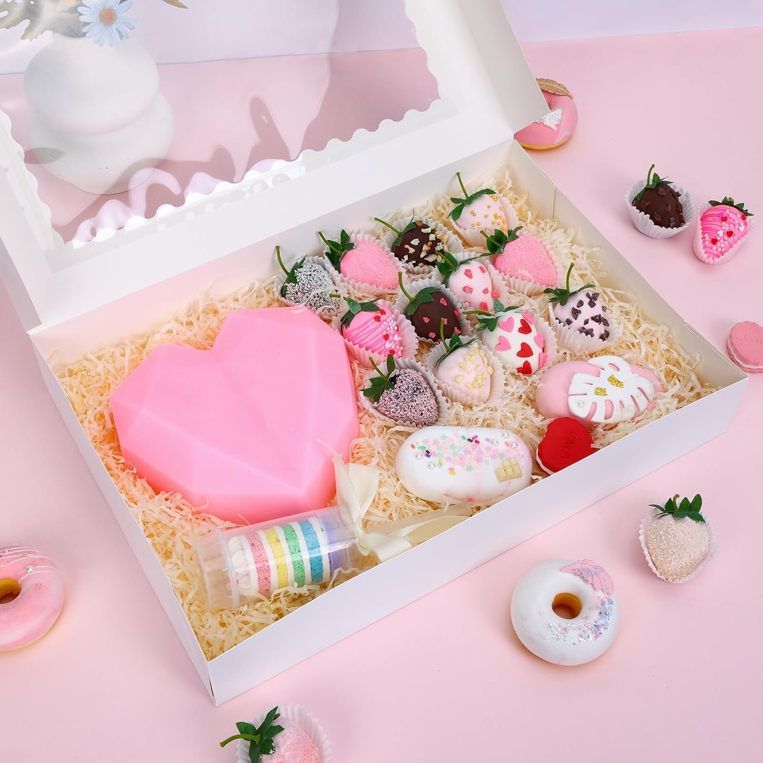 Scatole da Pasticceria con Logo Personalizzato 40 pz Grandi 16x11x2.5 Pollici Pop-Up Automatiche con Finestra Produttore per Ciambelle Dolcetti Pasticcini Torte Muffin Fragole al Cioccolato Marchio Bianco