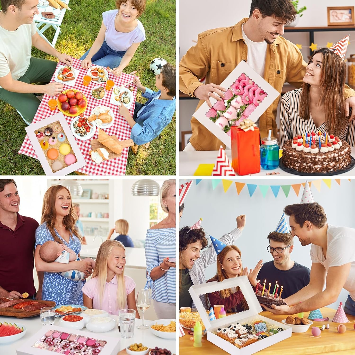 Scatole da Pasticceria con Logo Personalizzato 40 pz Grandi 16x11x2.5 Pollici Pop-Up Automatiche con Finestra Produttore per Ciambelle Dolcetti Pasticcini Torte Muffin Fragole al Cioccolato Marchio Bianco