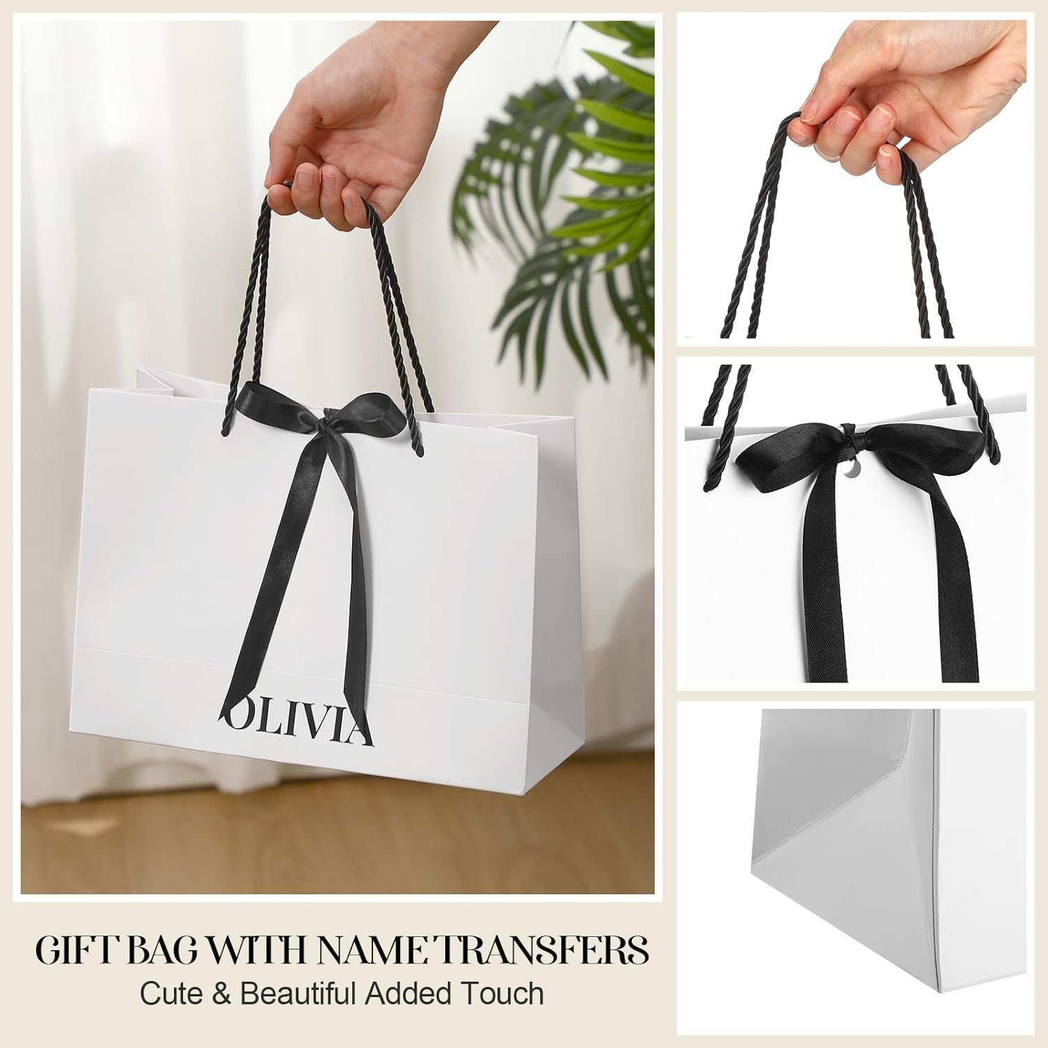 Marchio Bianco Confezione da 8 Borse Regalo Carta per Damigelle con Fiocco Adesivi Nomi 11x8 Nero Bianco Manici Logo Personalizzato per Matrimonio Bridal Shower Fidanzamento Compleanno Produttore