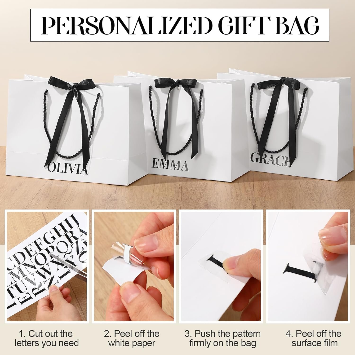 Marchio Bianco Confezione da 8 Borse Regalo Carta per Damigelle con Fiocco Adesivi Nomi 11x8 Nero Bianco Manici Logo Personalizzato per Matrimonio Bridal Shower Fidanzamento Compleanno Produttore