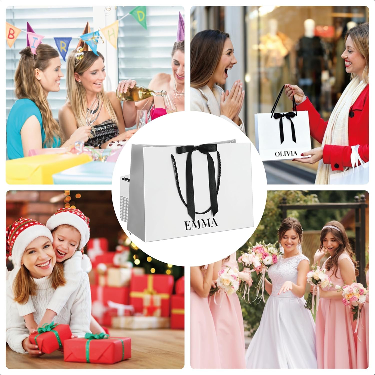 Marchio Bianco Confezione da 8 Borse Regalo Carta per Damigelle con Fiocco Adesivi Nomi 11x8 Nero Bianco Manici Logo Personalizzato per Matrimonio Bridal Shower Fidanzamento Compleanno Produttore