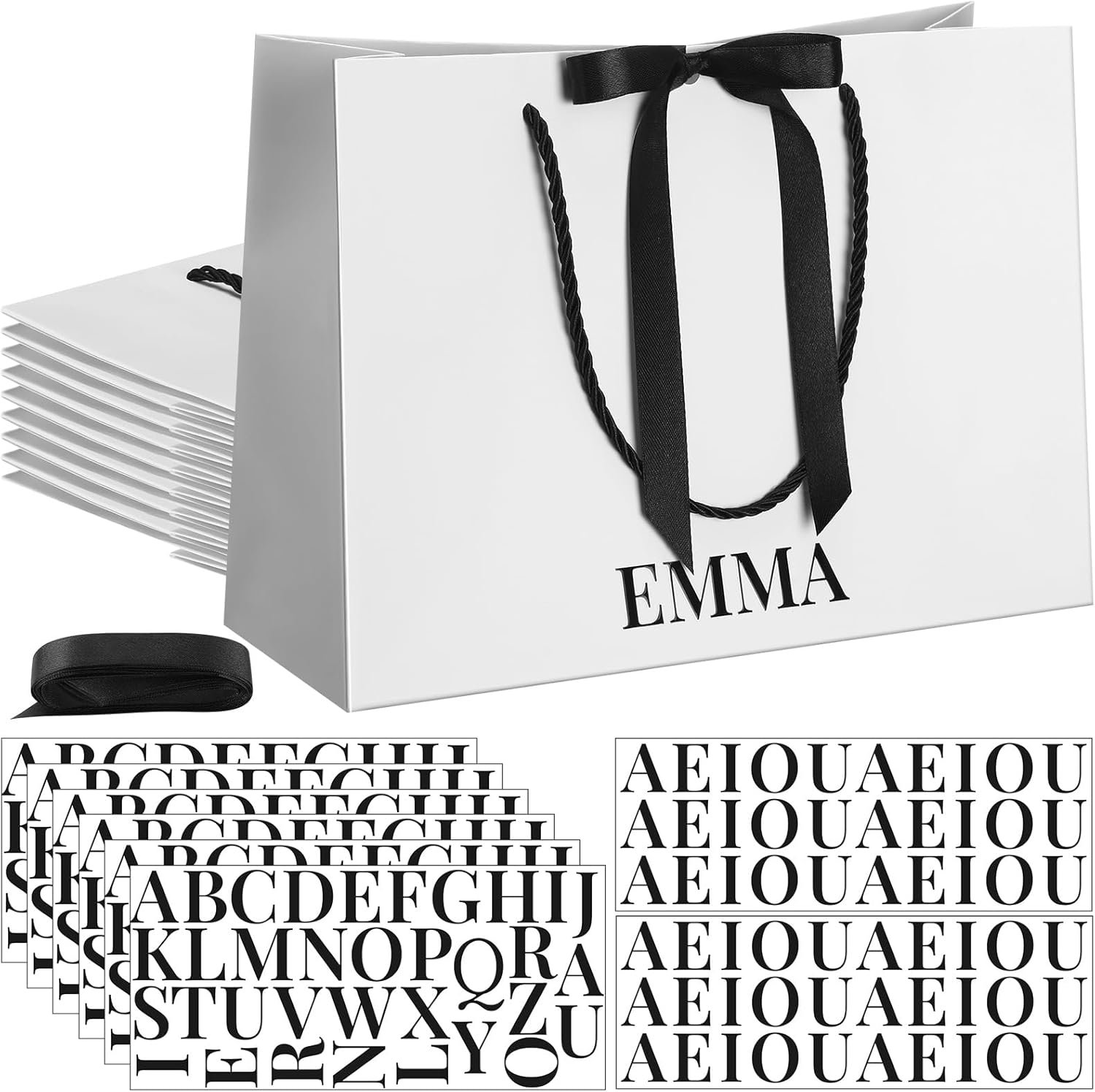 Marchio Bianco Confezione da 8 Borse Regalo Carta per Damigelle con Fiocco Adesivi Nomi 11x8 Nero Bianco Manici Logo Personalizzato per Matrimonio Bridal Shower Fidanzamento Compleanno Produttore
