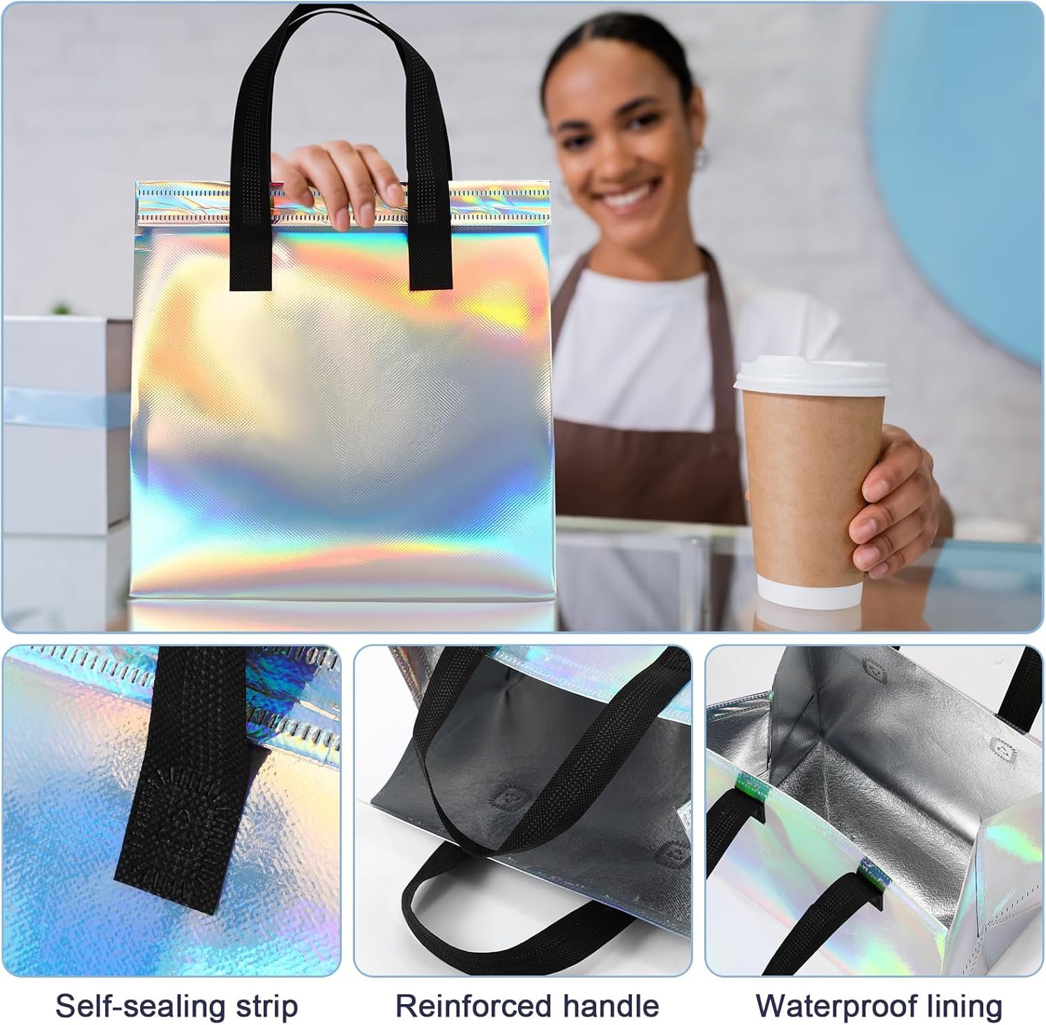 Marchio Bianco 100 Pezzi Buste Isolanti Olografiche Termiche all'Ingrosso con Logo Personalizzato per Consegne Cibo Caldo Freddo Caffè Latte Frutti di Mare Pizza Grocery Catering Ristoranti dal Fornitore