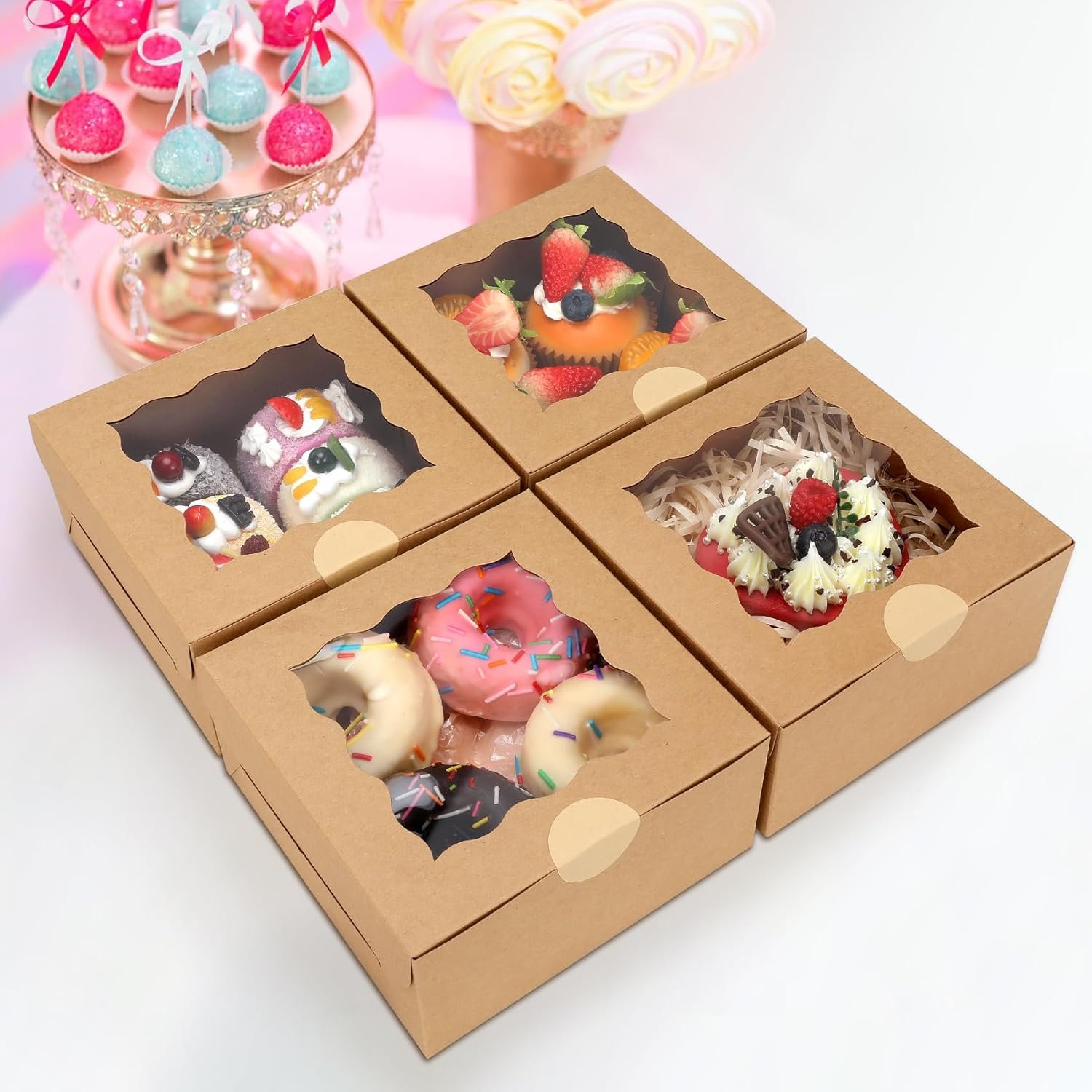 Marchio Bianco Scatole per Pasticceria con Finestra e Logo Personalizzato 60 pz 6 x 6 x 3 pollici Cartone Kraft Marrone dal Produttore