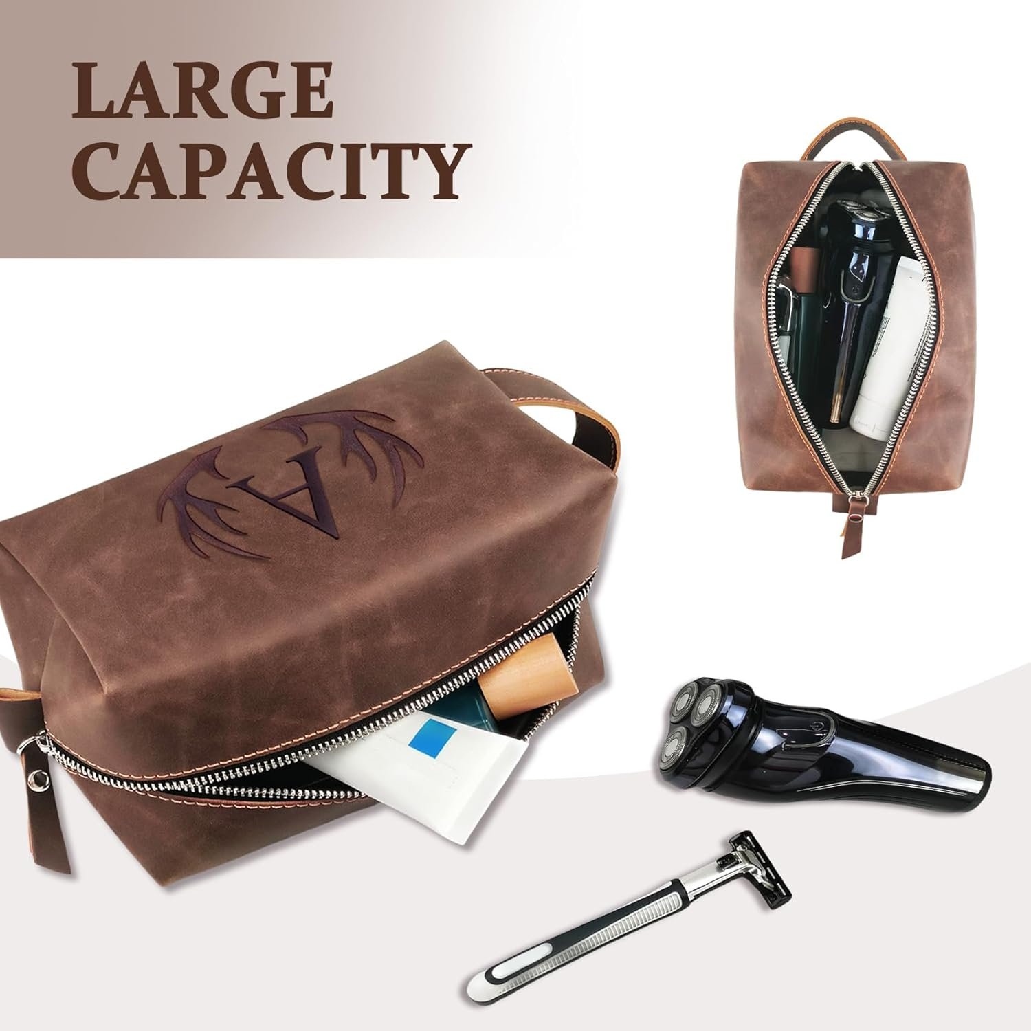 Marchio Bianco Borsa da Toilette per Uomo Iniziali Incise Regali Originali Papà Marito Fidanzato Nonno Figlio con Logo Personalizzato Pelle PU Impermeabile Rasatura Toilette Accessori Viaggio Produttore (A)