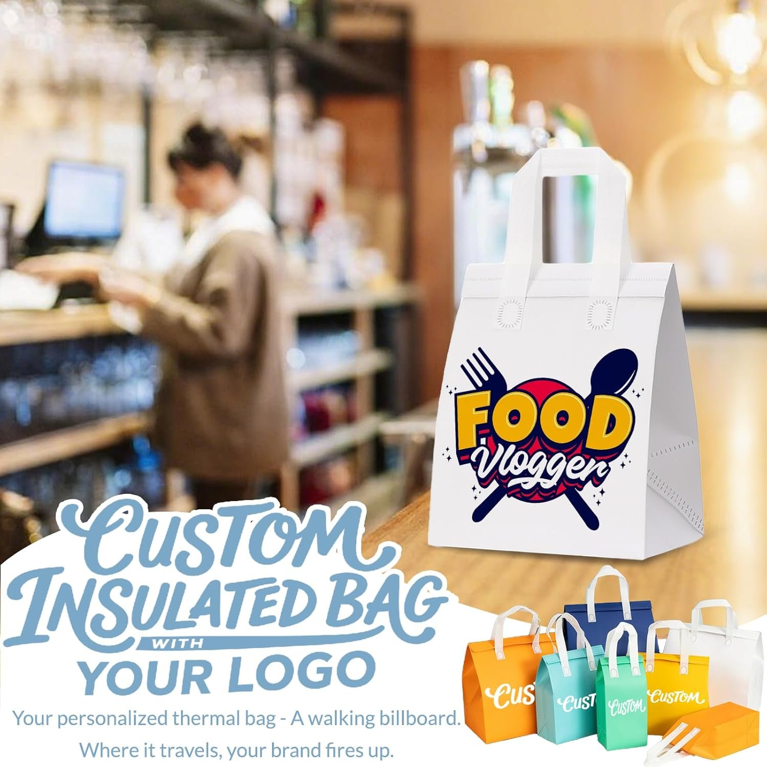 Marchio Bianco Borse Termiche Isolate per Asporto con Logo Personalizzato 100 Pz Riutilizzabili per Ristoranti dal Produttore Delivery Cibo Bevande Calde Fredde