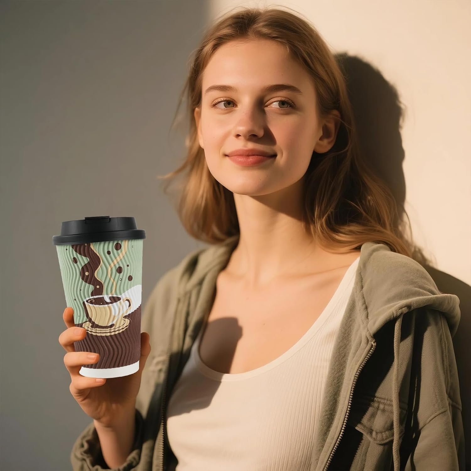 Marchio Bianco Tazze Caffè Monouso 16 oz con Coperchi Confezione 48 Isolati Pareti Corrugate Ondulate per Bevande Calde Fredde Da Asporto con Logo Personalizzato dal Fornitore