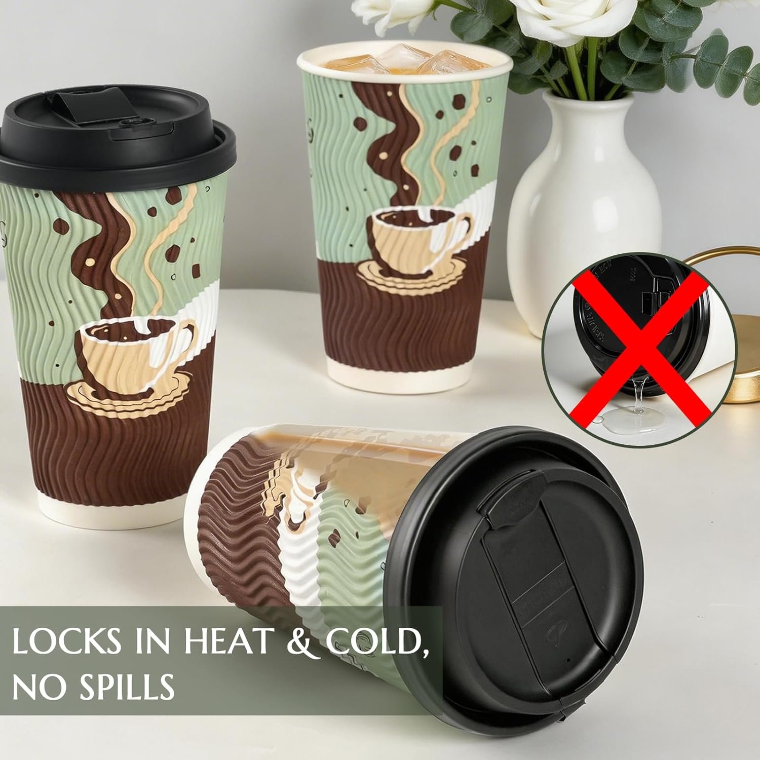 Marchio Bianco Tazze Caffè Monouso 16 oz con Coperchi Confezione 48 Isolati Pareti Corrugate Ondulate per Bevande Calde Fredde Da Asporto con Logo Personalizzato dal Fornitore
