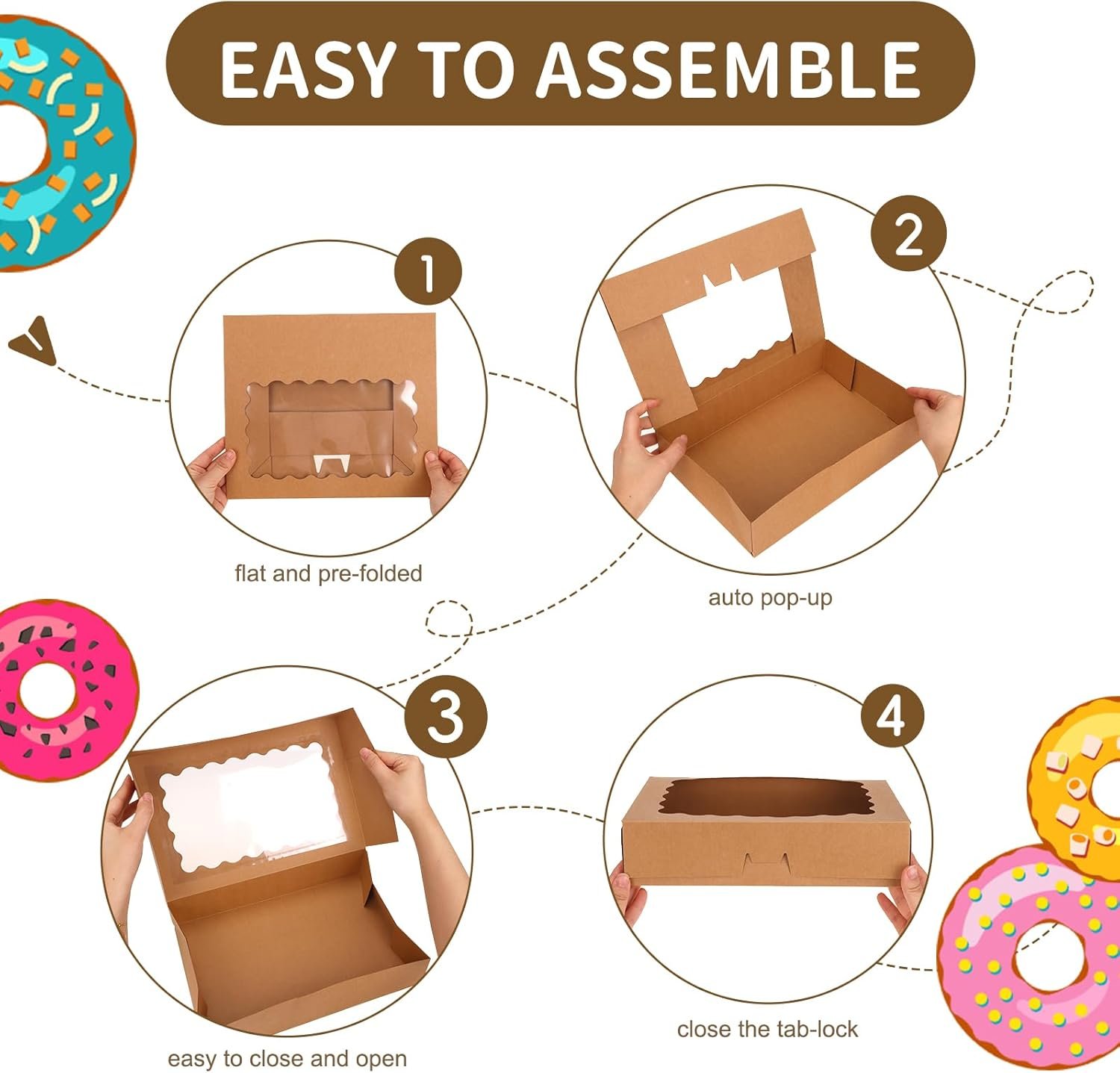 Logo Personalizzato 15pz Scatole Pop-Up per Pasticceria 12x8x2.5 Pollici con Finestra per Fragole Ricoperte di Cioccolato Donuts Pasticcini Marchio Bianco dal Produttore Marrone