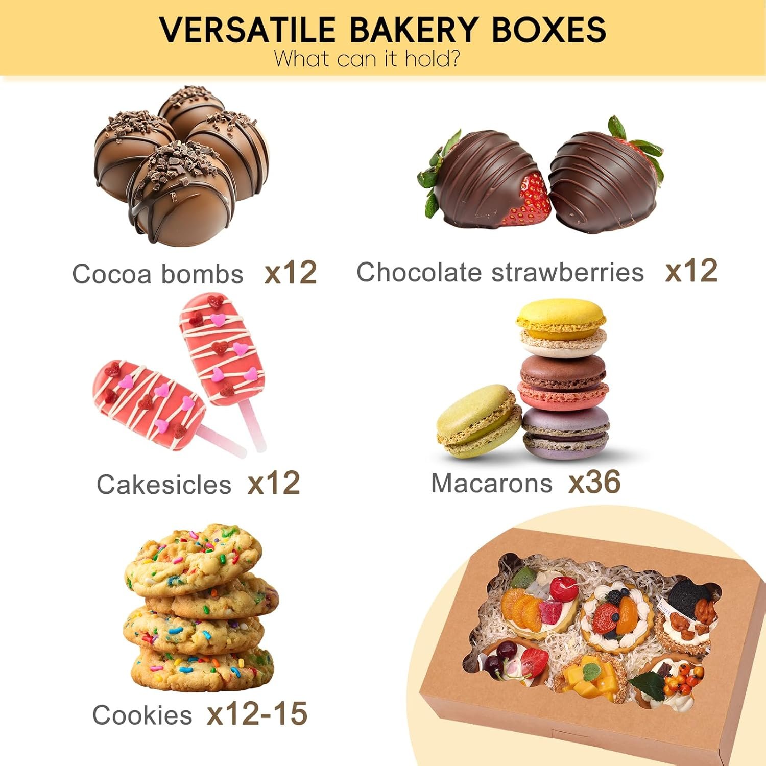 Logo Personalizzato 15pz Scatole Pop-Up per Pasticceria 12x8x2.5 Pollici con Finestra per Fragole Ricoperte di Cioccolato Donuts Pasticcini Marchio Bianco dal Produttore Marrone