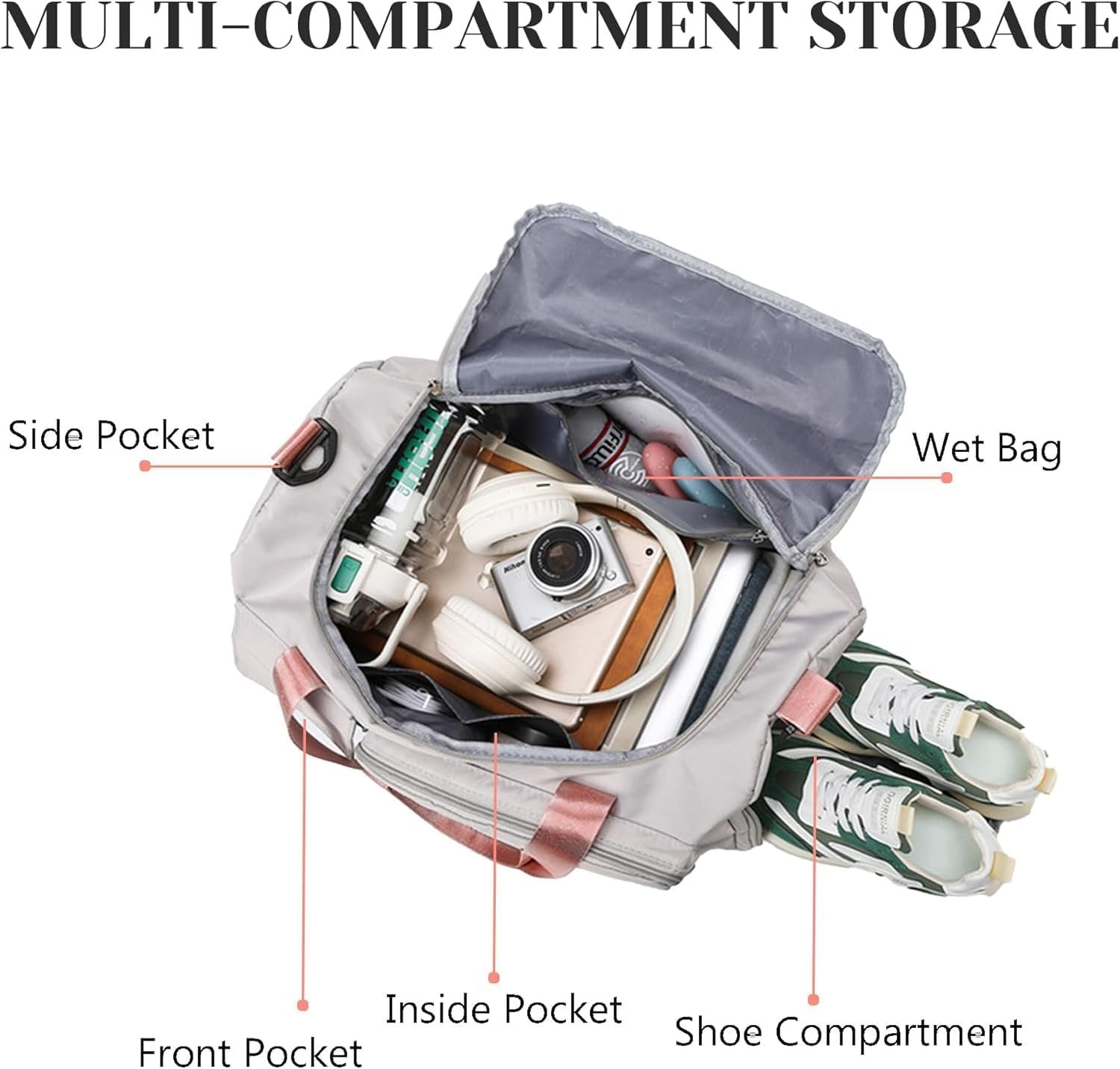 Marchio Bianco Borsa da Viaggio Weekender Duffel Grande Capacità Pieghevole con Logo Personalizzato Ricamato e Nome Separatore Asciutto Umedo e Comparto Scarpe per Uomo Donna Sport Danza Palestra del Produttore