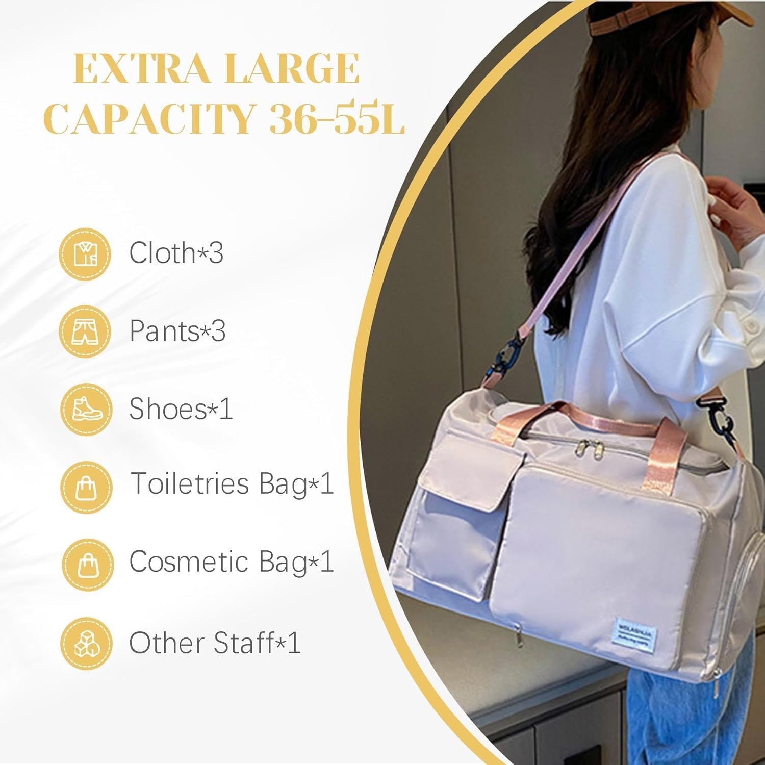 Marchio Bianco Borsa da Viaggio Weekender Duffel Grande Capacità Pieghevole con Logo Personalizzato Ricamato e Nome Separatore Asciutto Umedo e Comparto Scarpe per Uomo Donna Sport Danza Palestra del Produttore