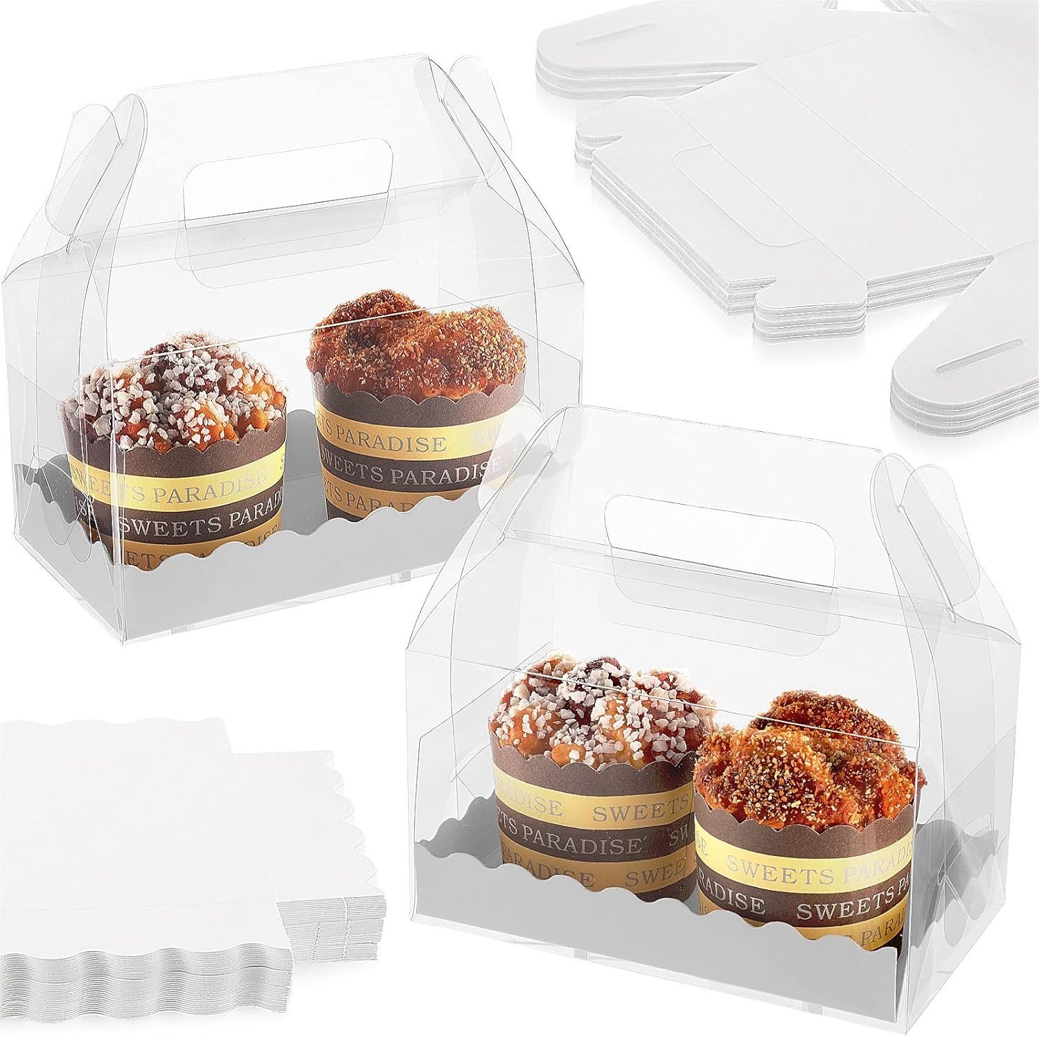 Logo Personalizzato Scatole a Tettuccio Trasparenti 25 Pezzi con Manici e Cartoncino per Biscotti Pasticceria Cupcake Dessert Matrimonio Festa Marchio Bianco Fornitore 6.3 x 3.6 x 3.6''