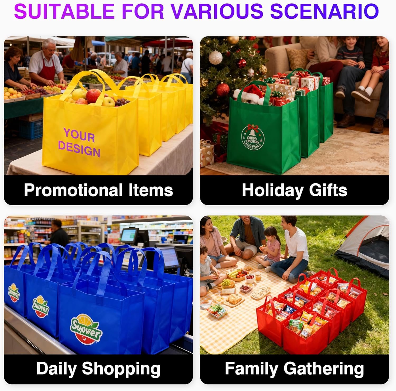 Marchio Bianco Borse Tote Personalizzate Confezione 100/200 con Logo Personalizzato Borse Spesa Bulk Riutilizzabili Manici Resistenti all'Acqua per Promozioni Branding Fiere del Produttore