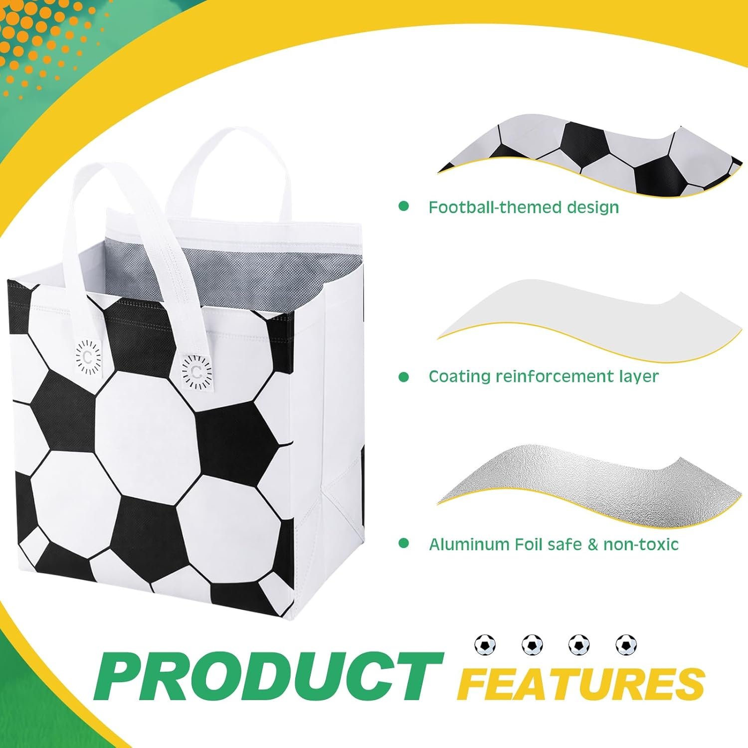 Logo Personalizzato 50 Pezzi Borse Termiche Isolate a Tema Calcio per Consegne Cibo Pizza Biscotti Alimenti Caldi Freddi, Marchio Bianco Tote Asporto Senior Night Festa Sportiva, Produttore 24 x 24 x 15 cm