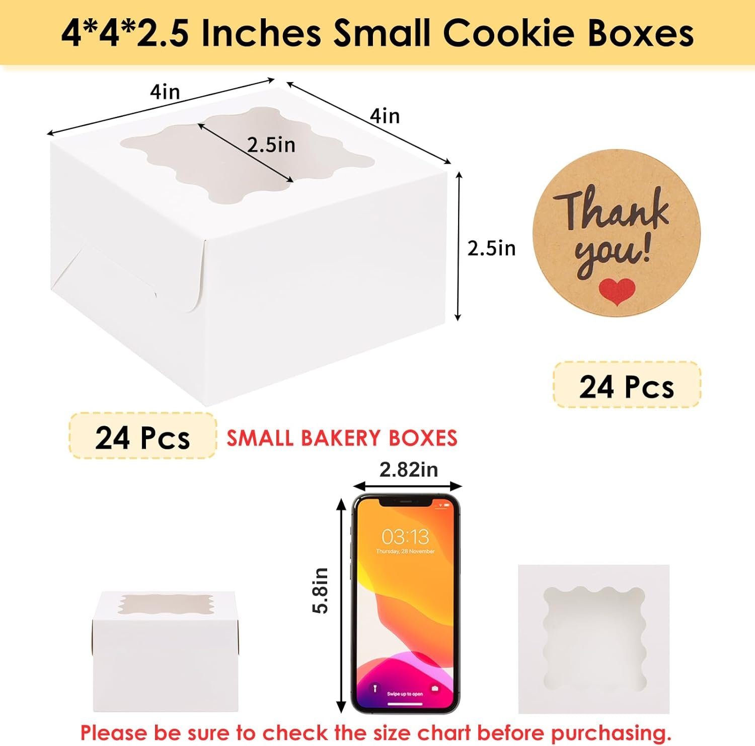 Produttore Scatole Biscotti Bianche con Finestrino 24 Pezzi 4x4x2.5 Pollici con Logo Personalizzato Piccole da Pasticceria con Adesivi per Biscotti Dolcetti Dessert Fragole Ricoperte Cioccolato Mini Torte Marchio Bianco