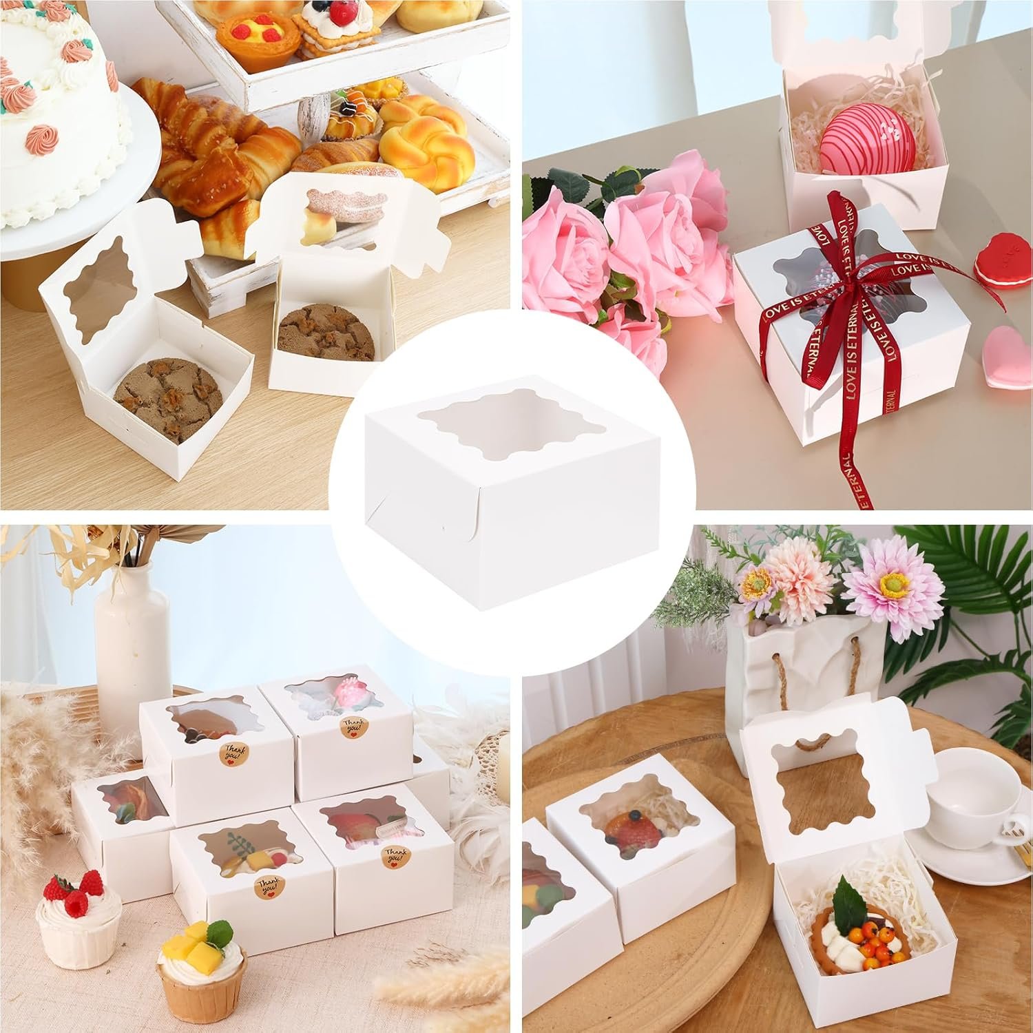 Produttore Scatole Biscotti Bianche con Finestrino 24 Pezzi 4x4x2.5 Pollici con Logo Personalizzato Piccole da Pasticceria con Adesivi per Biscotti Dolcetti Dessert Fragole Ricoperte Cioccolato Mini Torte Marchio Bianco