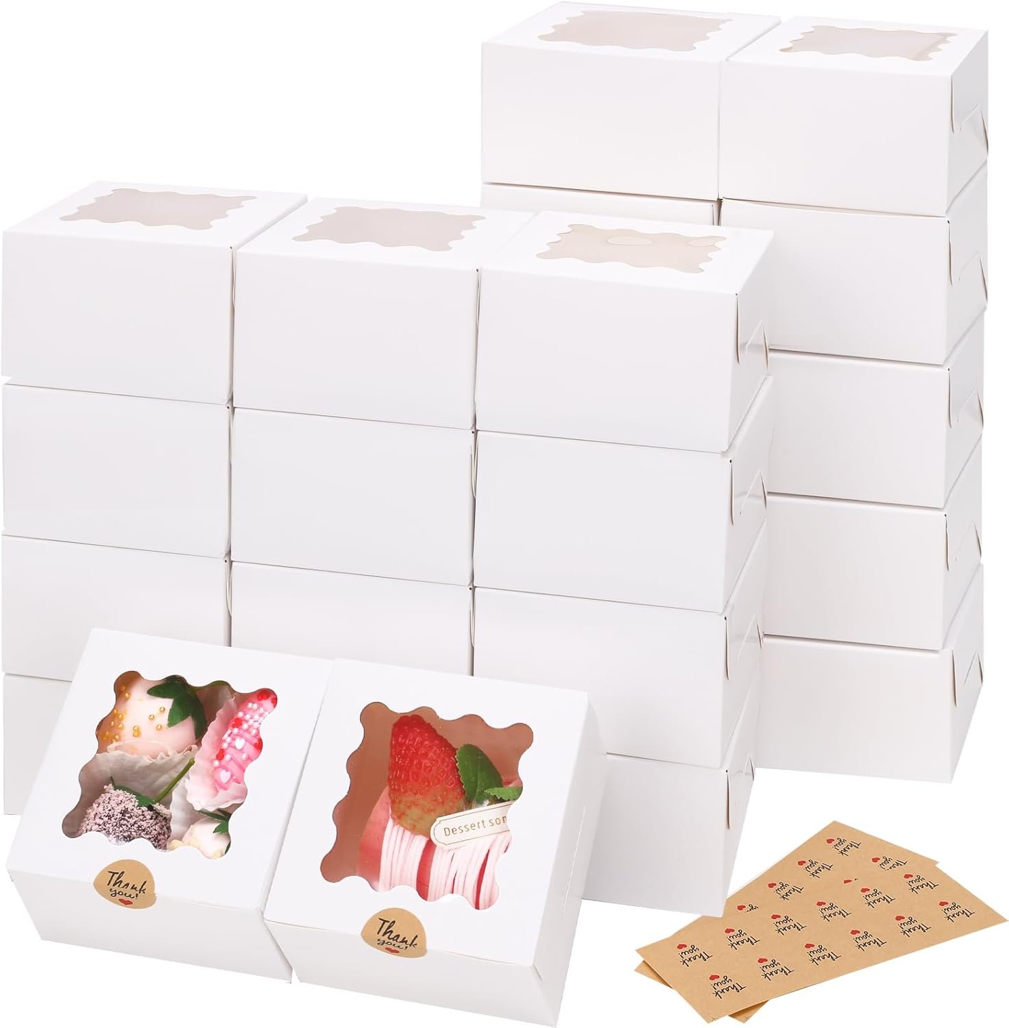 Produttore Scatole Biscotti Bianche con Finestrino 24 Pezzi 4x4x2.5 Pollici con Logo Personalizzato Piccole da Pasticceria con Adesivi per Biscotti Dolcetti Dessert Fragole Ricoperte Cioccolato Mini Torte Marchio Bianco