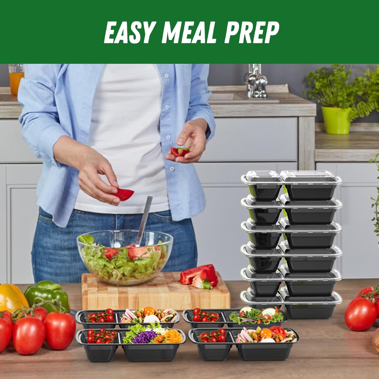 Marchio Bianco Confezione da 50 (100 Pezzi) Contenitori Meal Prep 28 oz Riutilizzabili a 2 Scomparti con Coperchi Ermetici Resistenti Atossici del Produttore Sicuri Microonde Freezer Lavastoviglie per Asporto Plastica Neri con Logo Personalizzato