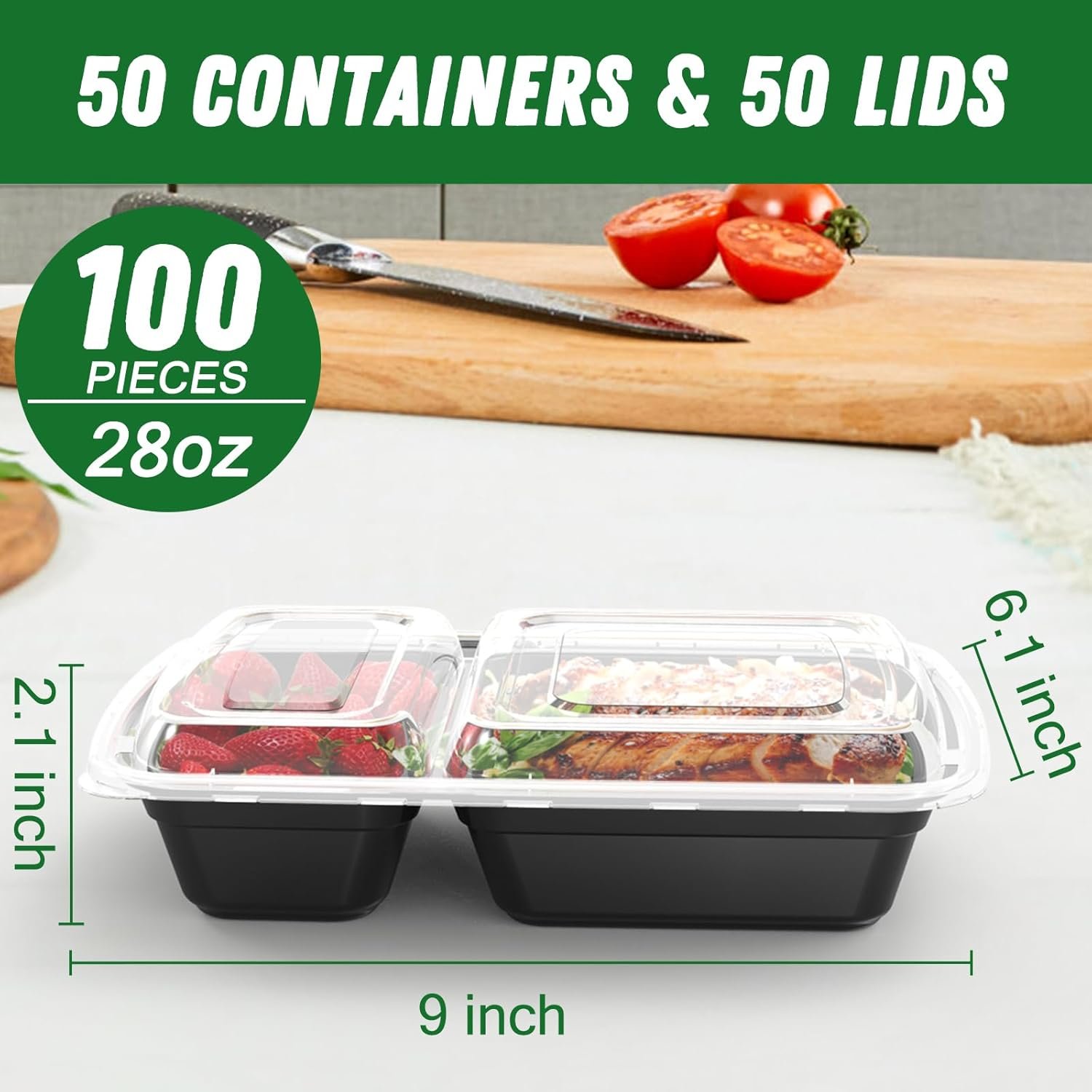 Marchio Bianco Confezione da 50 (100 Pezzi) Contenitori Meal Prep 28 oz Riutilizzabili a 2 Scomparti con Coperchi Ermetici Resistenti Atossici del Produttore Sicuri Microonde Freezer Lavastoviglie per Asporto Plastica Neri con Logo Personalizzato