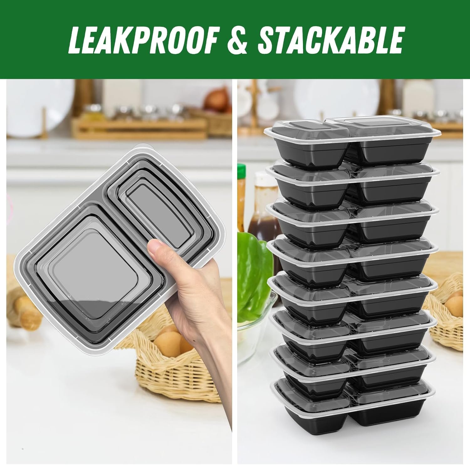 Marchio Bianco Confezione da 50 (100 Pezzi) Contenitori Meal Prep 28 oz Riutilizzabili a 2 Scomparti con Coperchi Ermetici Resistenti Atossici del Produttore Sicuri Microonde Freezer Lavastoviglie per Asporto Plastica Neri con Logo Personalizzato