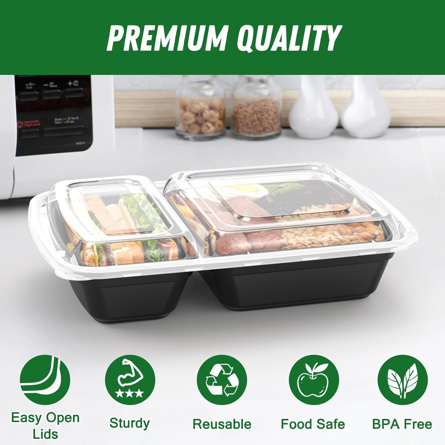 Marchio Bianco Confezione da 50 (100 Pezzi) Contenitori Meal Prep 28 oz Riutilizzabili a 2 Scomparti con Coperchi Ermetici Resistenti Atossici del Produttore Sicuri Microonde Freezer Lavastoviglie per Asporto Plastica Neri con Logo Personalizzato
