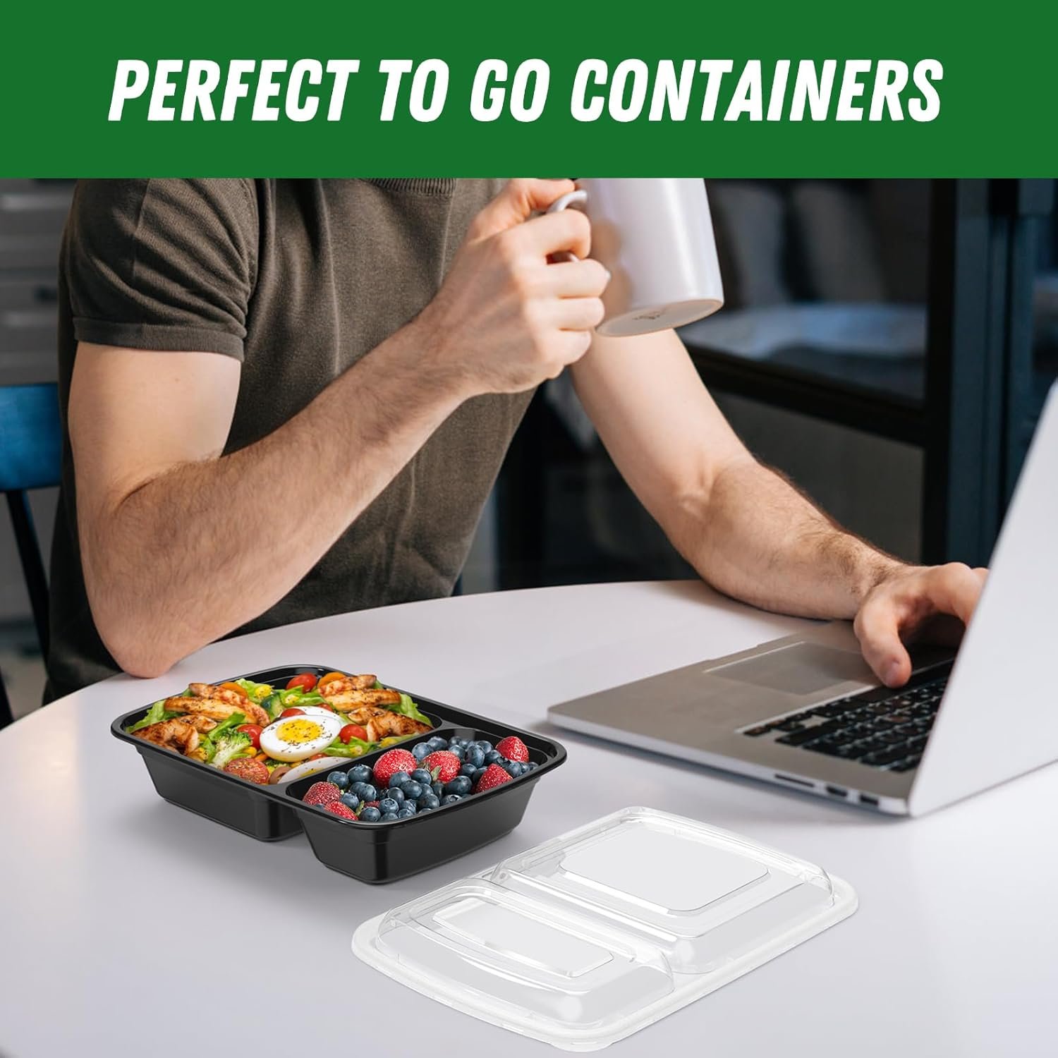 Marchio Bianco Confezione da 50 (100 Pezzi) Contenitori Meal Prep 28 oz Riutilizzabili a 2 Scomparti con Coperchi Ermetici Resistenti Atossici del Produttore Sicuri Microonde Freezer Lavastoviglie per Asporto Plastica Neri con Logo Personalizzato