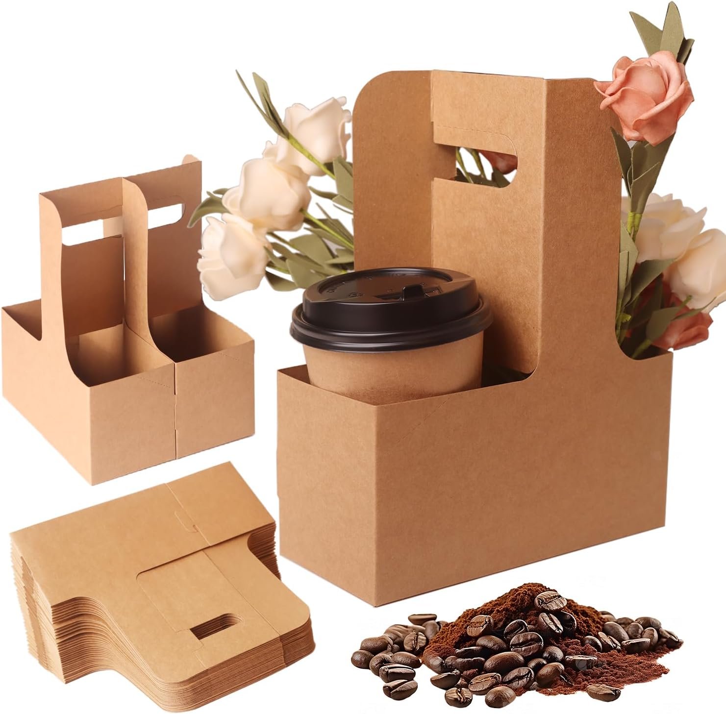 Confezione da 100 Portabicchieri Marchio Bianco per 2/4 Tazze con Maniglia (12-30oz) | Portatazza Monouso in Cartone con Logo Personalizzato | Vassoio Pieghevole per Bevande Calde/Fredde Caffè da Asporto Consegne dal Produttore