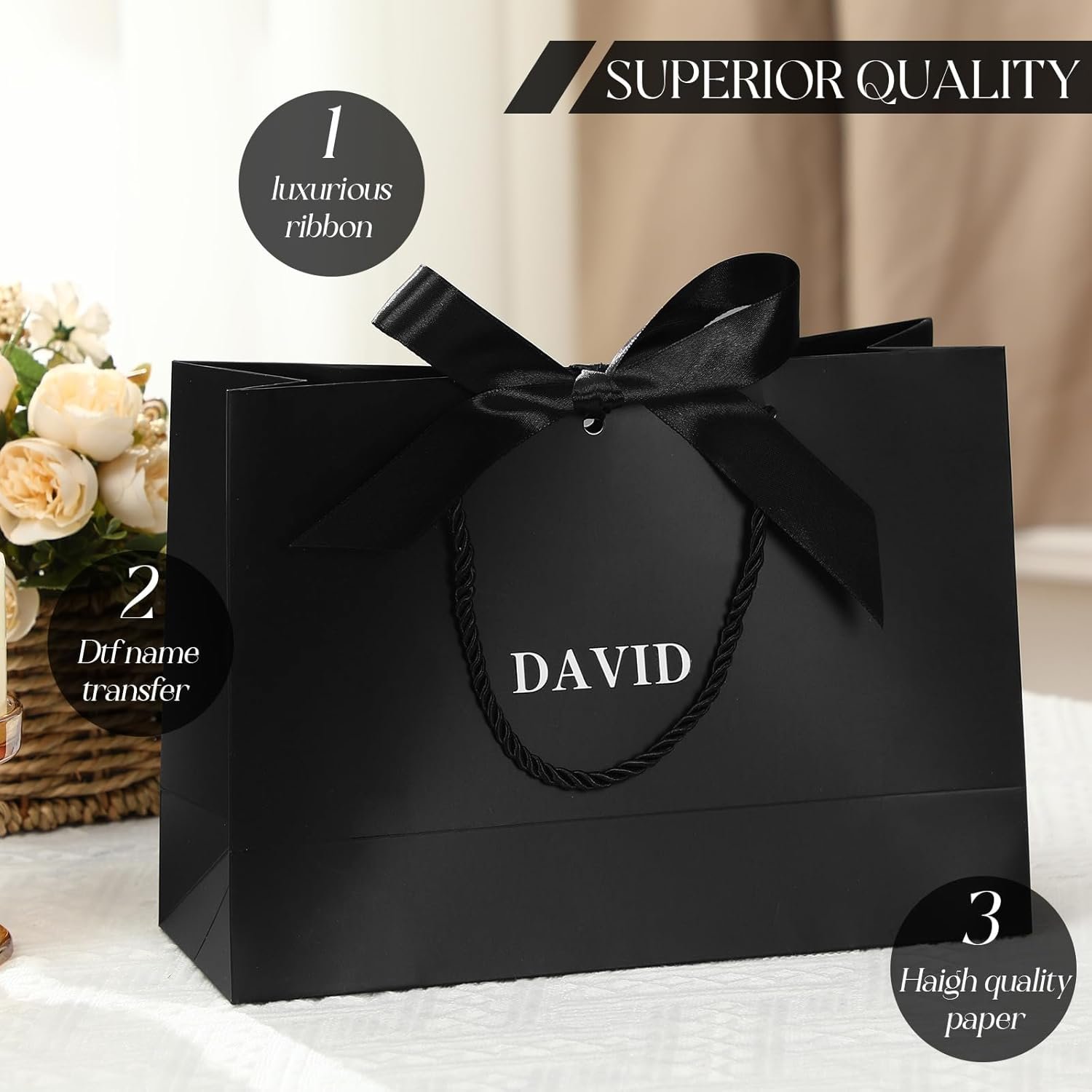 Logo Personalizzato Sacchetti Regalo Neri Confezione da 6 Personalizzati per Testimoni di Nozze con Adesivi Nome Maniglia Fiocco Nastro 5 Sensi Benvenuto Matrimonio Proposta Addio Celibato Compleanno Fornitore all'Ingrosso Marchio Bianco