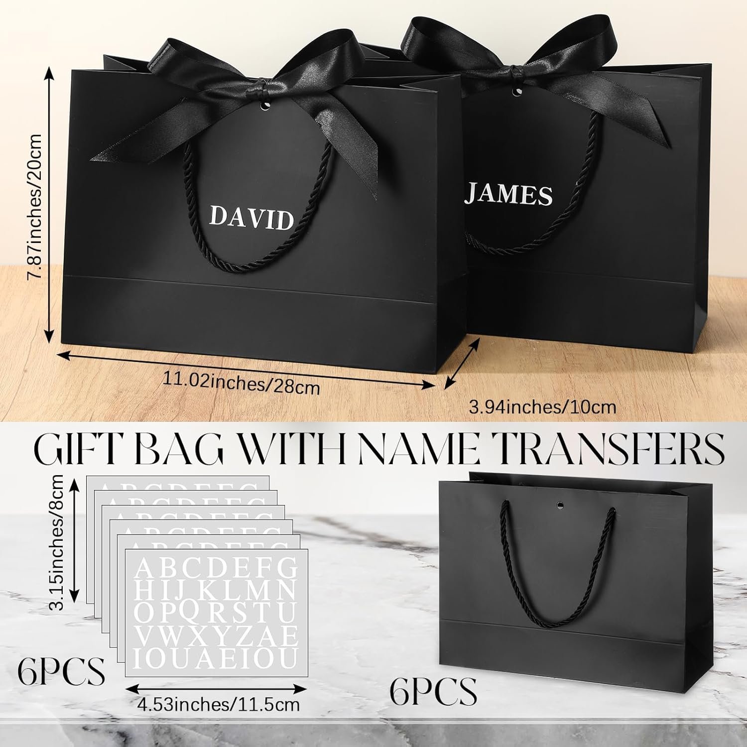 Logo Personalizzato Sacchetti Regalo Neri Confezione da 6 Personalizzati per Testimoni di Nozze con Adesivi Nome Maniglia Fiocco Nastro 5 Sensi Benvenuto Matrimonio Proposta Addio Celibato Compleanno Fornitore all'Ingrosso Marchio Bianco