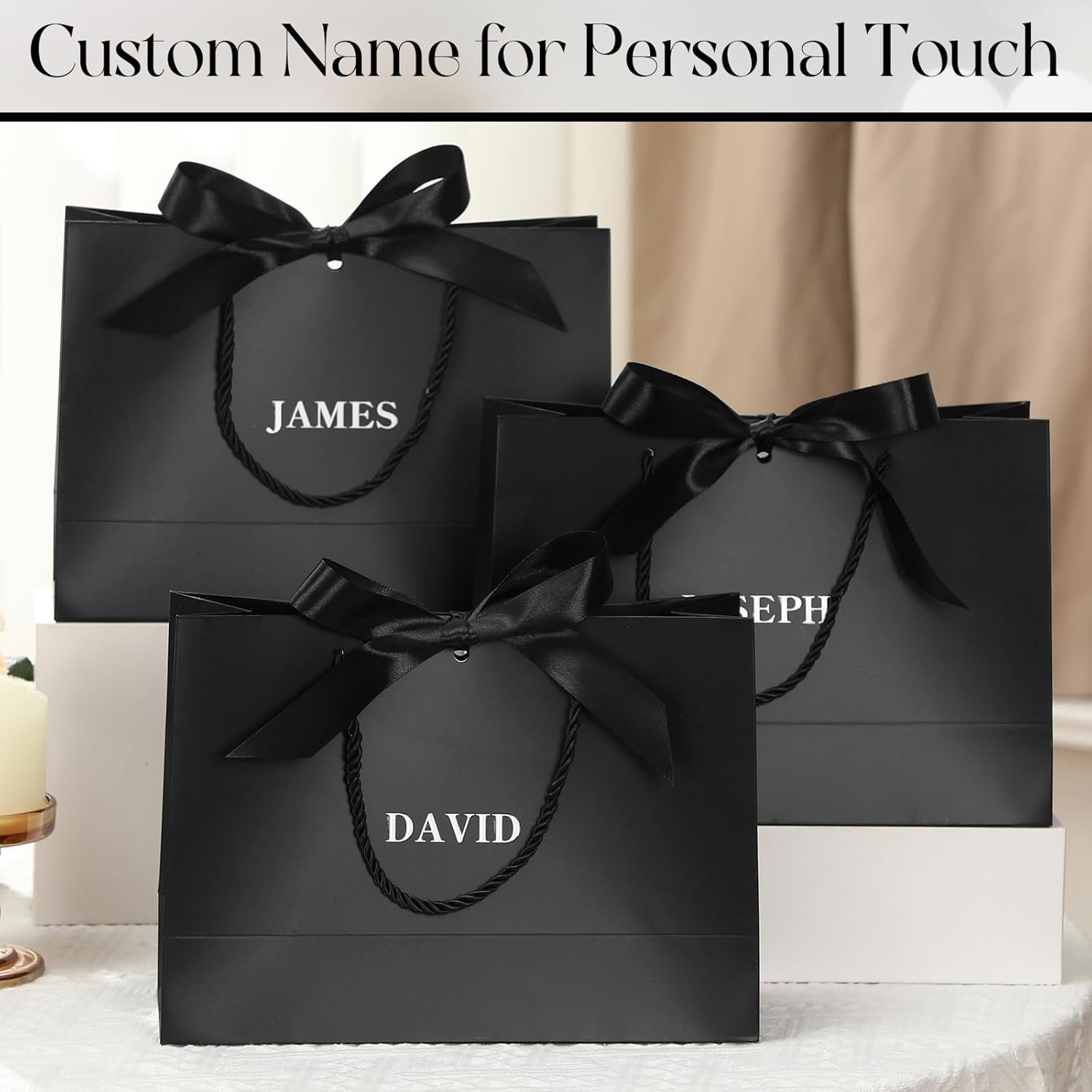 Logo Personalizzato Sacchetti Regalo Neri Confezione da 6 Personalizzati per Testimoni di Nozze con Adesivi Nome Maniglia Fiocco Nastro 5 Sensi Benvenuto Matrimonio Proposta Addio Celibato Compleanno Fornitore all'Ingrosso Marchio Bianco