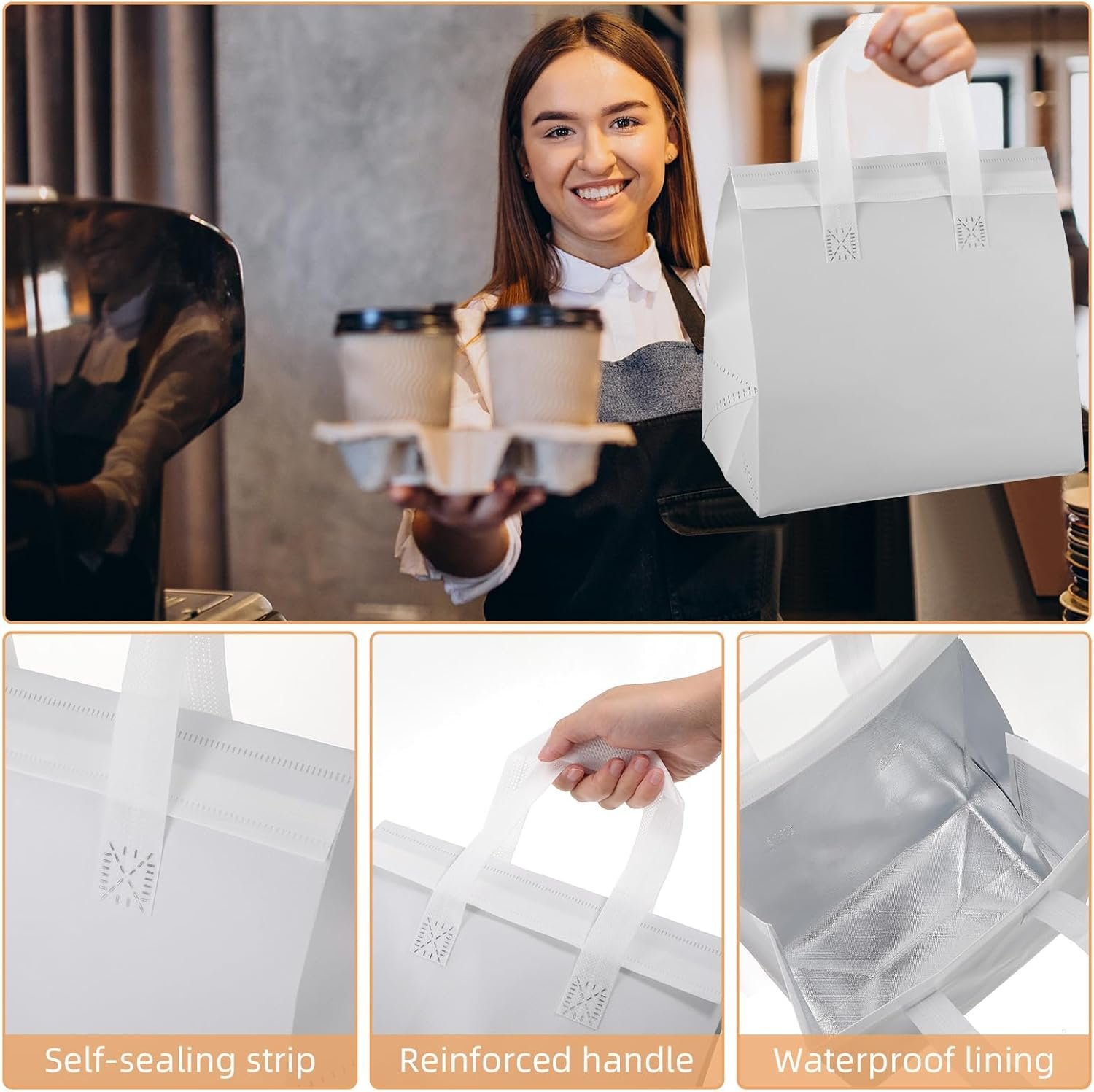 Fornitore con Logo Personalizzato Borse Termiche Bianche Isolate Asporto Confezione da 25 Marchio Bianco Riutilizzabili per Caffè Tè al Latte Cibi Caldi Freddi 24 x 15 x 25 cm