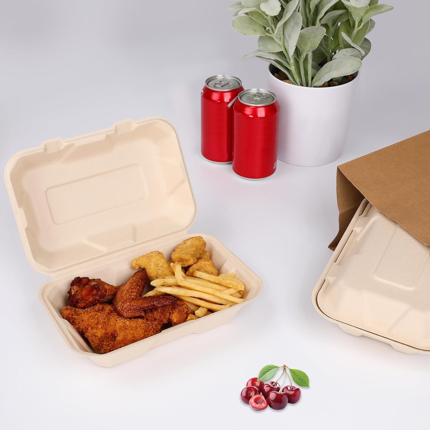 Logo Personalizzato Contenitori Pranzo Asporto a Conchiglia 23x15 cm con Coperchio Confezione 50 dal Produttore Compostabili Biodegradabili Bagassa Eco-Friendly Senza PFAS Marrone Marchio Bianco