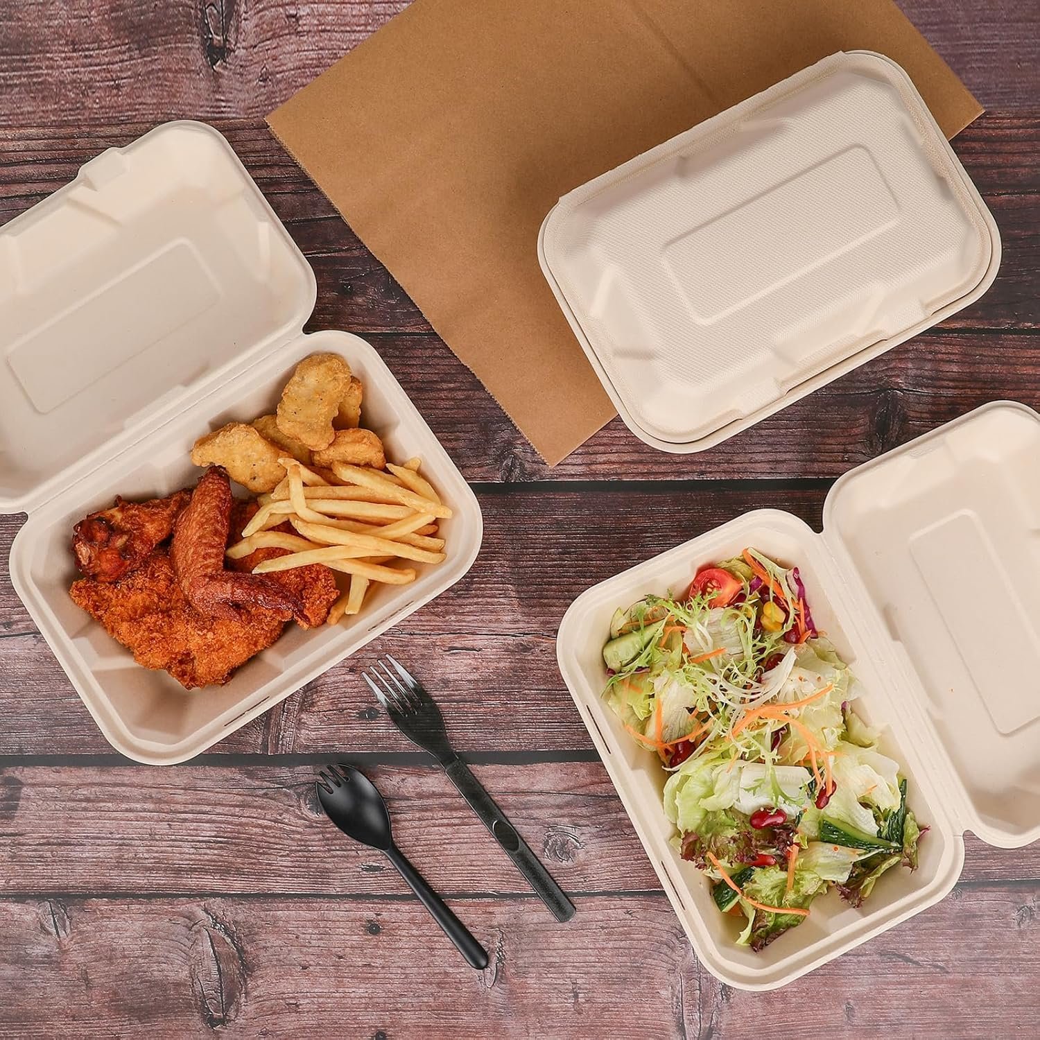 Logo Personalizzato Contenitori Pranzo Asporto a Conchiglia 23x15 cm con Coperchio Confezione 50 dal Produttore Compostabili Biodegradabili Bagassa Eco-Friendly Senza PFAS Marrone Marchio Bianco