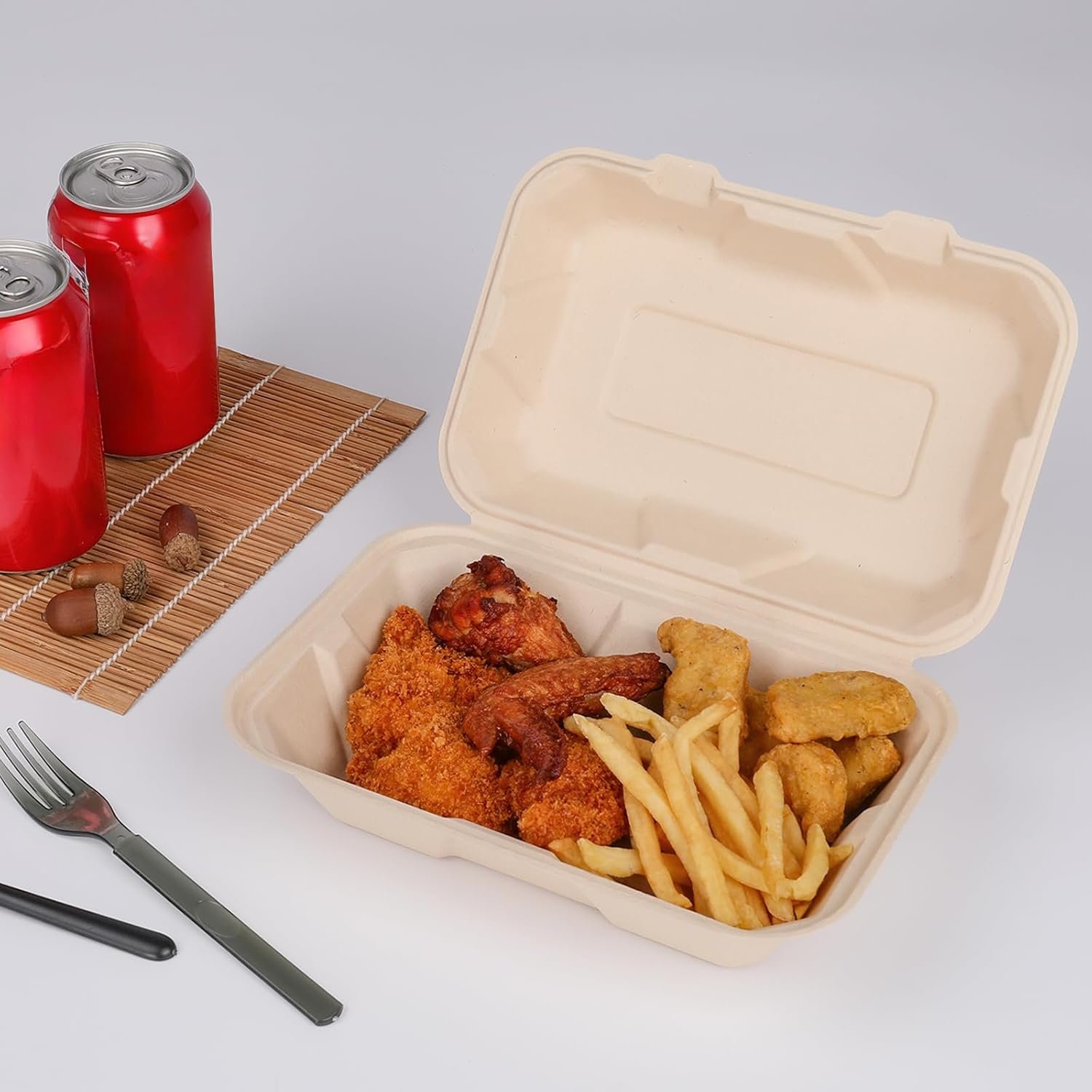 Logo Personalizzato Contenitori Pranzo Asporto a Conchiglia 23x15 cm con Coperchio Confezione 50 dal Produttore Compostabili Biodegradabili Bagassa Eco-Friendly Senza PFAS Marrone Marchio Bianco