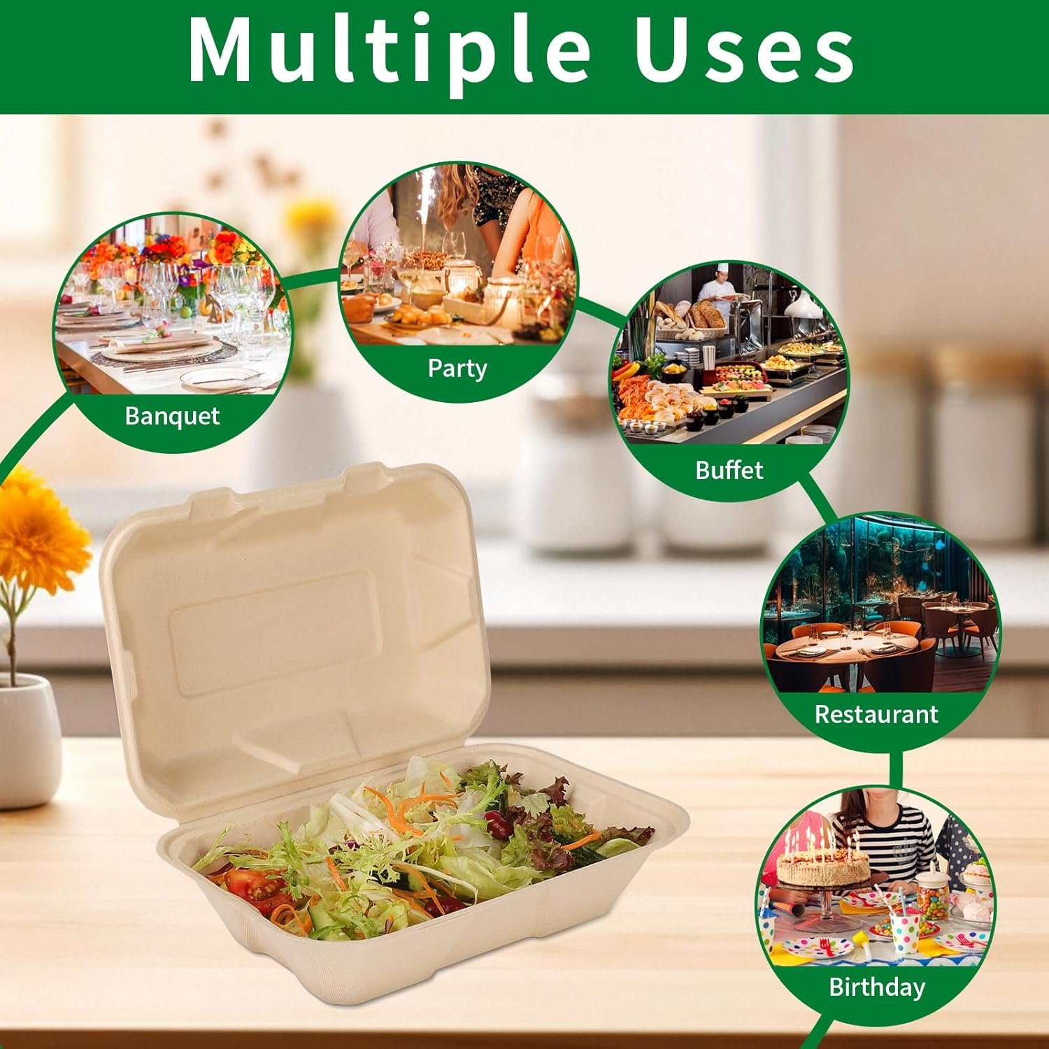 Logo Personalizzato Contenitori Pranzo Asporto a Conchiglia 23x15 cm con Coperchio Confezione 50 dal Produttore Compostabili Biodegradabili Bagassa Eco-Friendly Senza PFAS Marrone Marchio Bianco