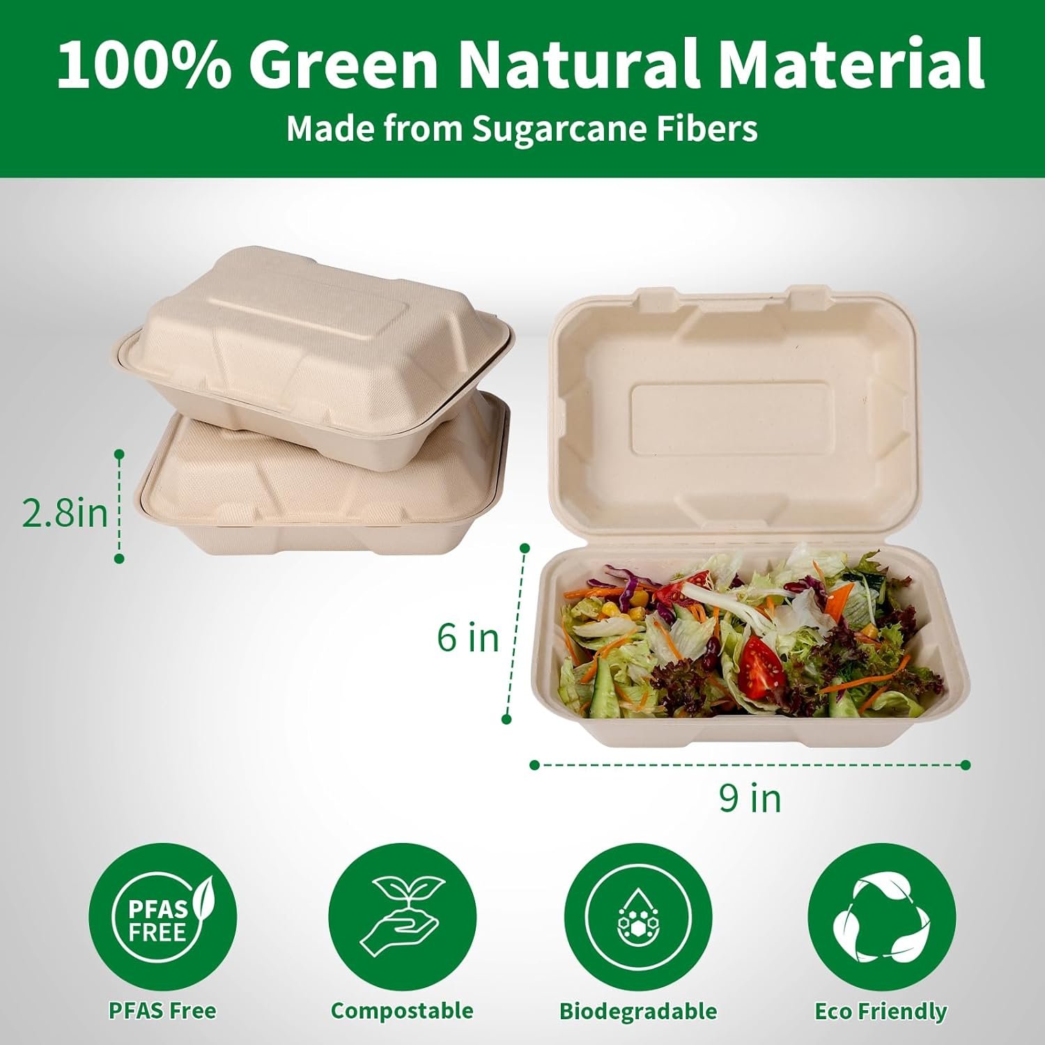 Logo Personalizzato Contenitori Pranzo Asporto a Conchiglia 23x15 cm con Coperchio Confezione 50 dal Produttore Compostabili Biodegradabili Bagassa Eco-Friendly Senza PFAS Marrone Marchio Bianco